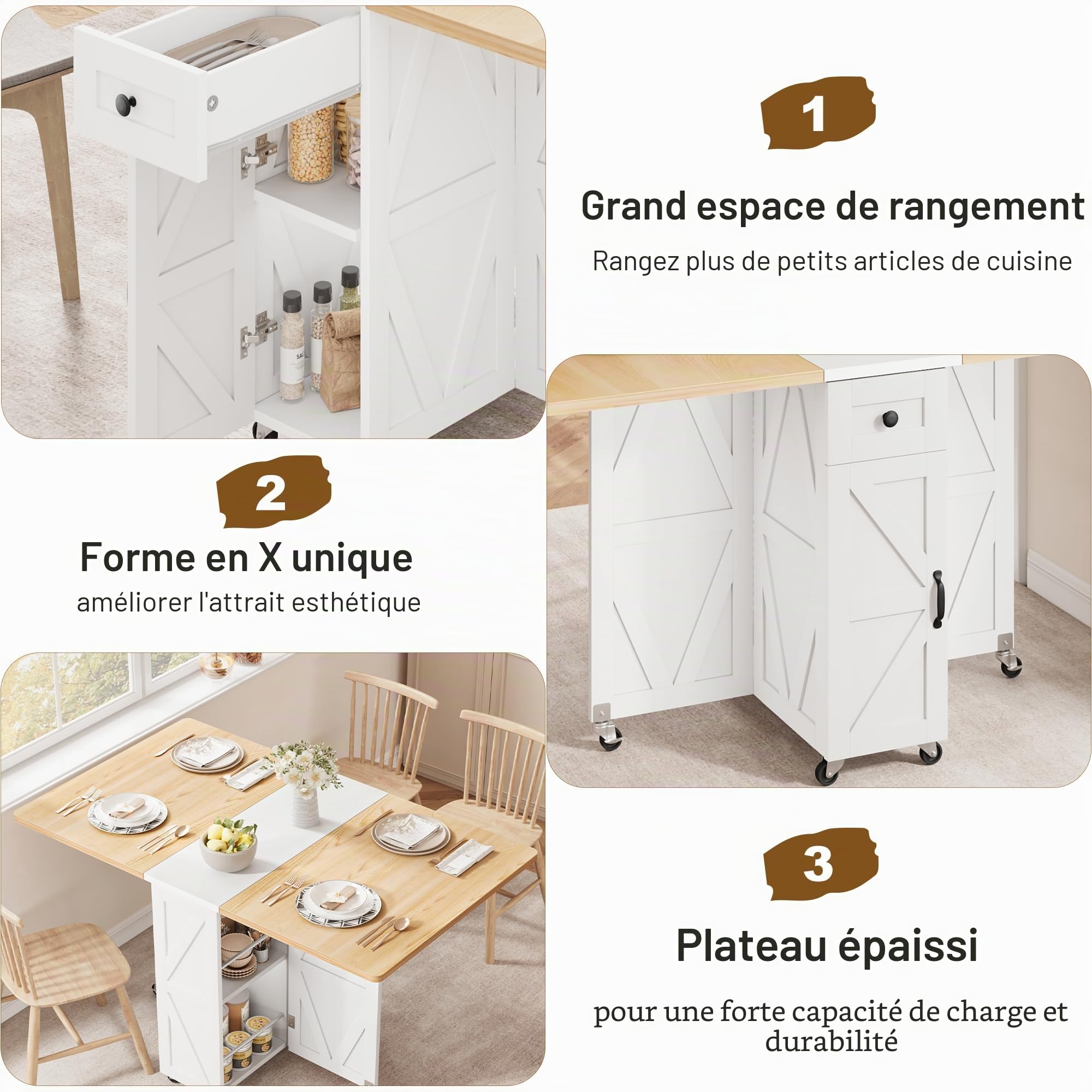 Jocoevol Table à Manger Pliante sur roulettes, Table De Cuisine avec Tiroir Et Espace De Rangement pour 2 À 4 Personnes, Idéale pour Petits Espaces, Salles À Manger Et Cuisines (Érable Blanc)