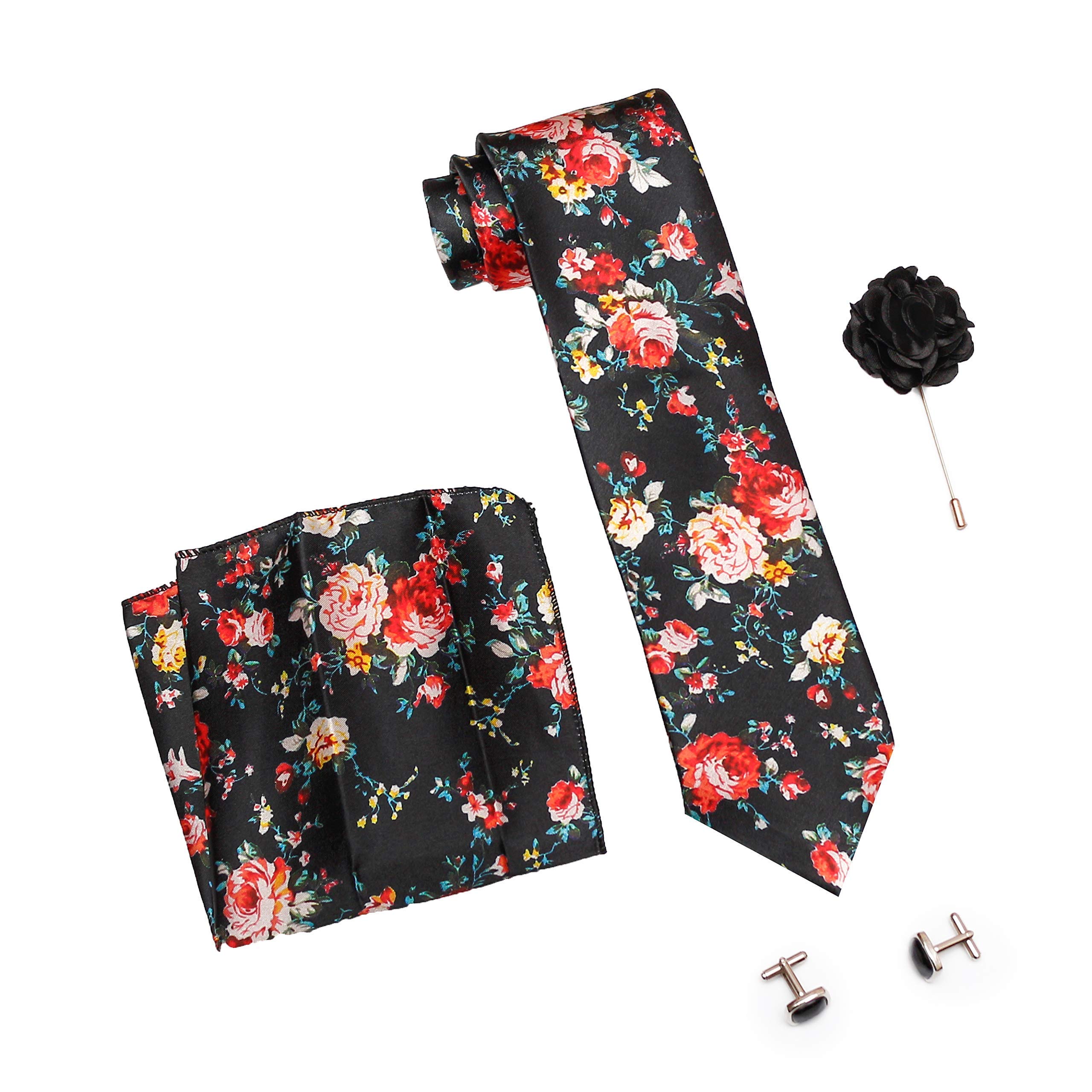 axlon Formal/Casual Printed Polyester Necktie Set with Pocket Square, Brooch Pin and Cufflinks for Men (Free Size, Black)-picture-22