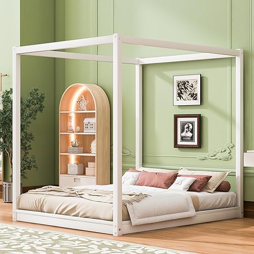 Miniatura 10 de Cama con dosel de metal, con plataforma de 4 postes de Coner con cabecera entrecruzada y estribo, tamaño Queen Forma de X negra,Natural,Blanco