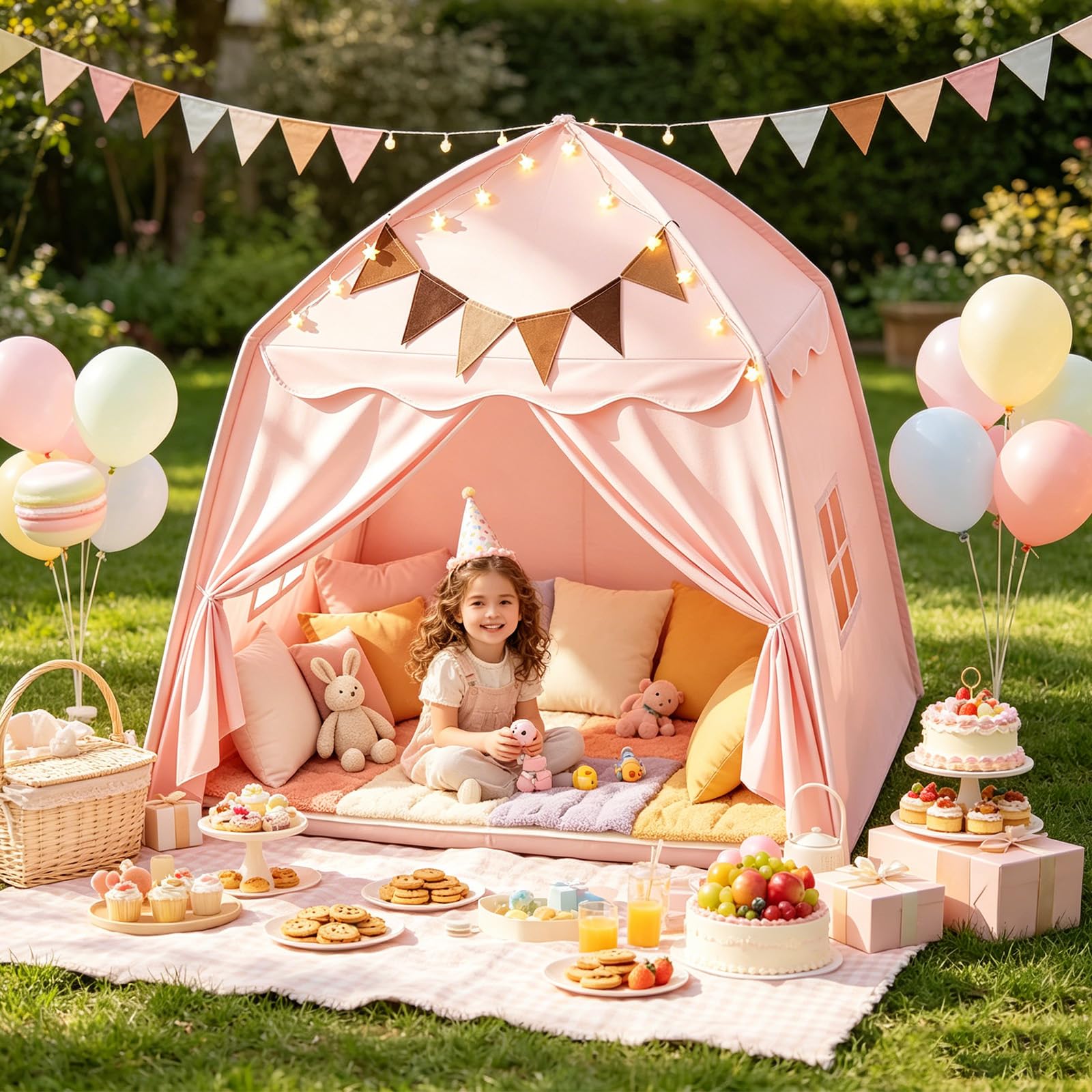 Tienda de campaña infantil para interiores, tienda de juegos con banderas y luces, tienda de campaña portátil y plegable, tienda de cama para niños, casa de juegos para interior y exterior (rosa)
