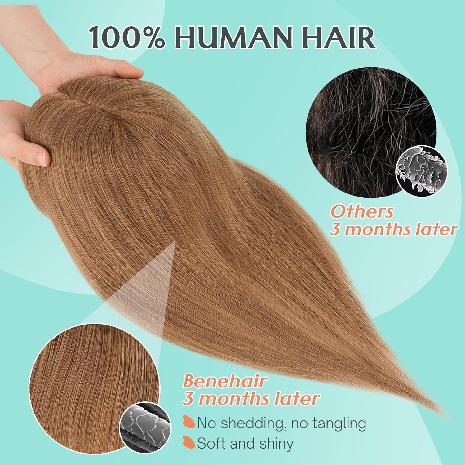 Benehair 100% Remy Human Hair Toppers for Women, 9 * 12CM Silk Base Hairpieces With Bangs 150% Density for Thinning Hair Light Brown 14 Inch