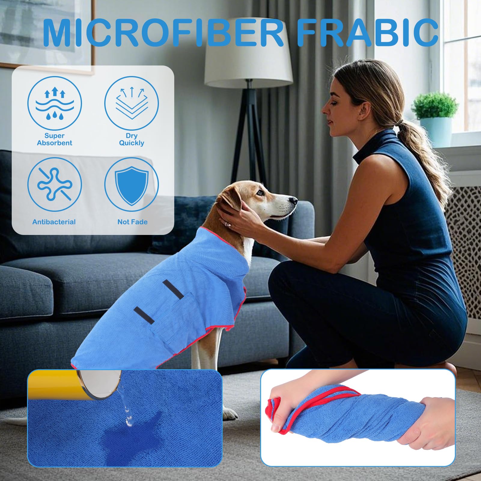 VINGVO Accappatoio per cani, ad asciugatura rapida, super assorbente, collare regolabile e asciugamano in microfibra per cani, asciugatura rapida, per cani a casa e all'aperto (blu, XL)