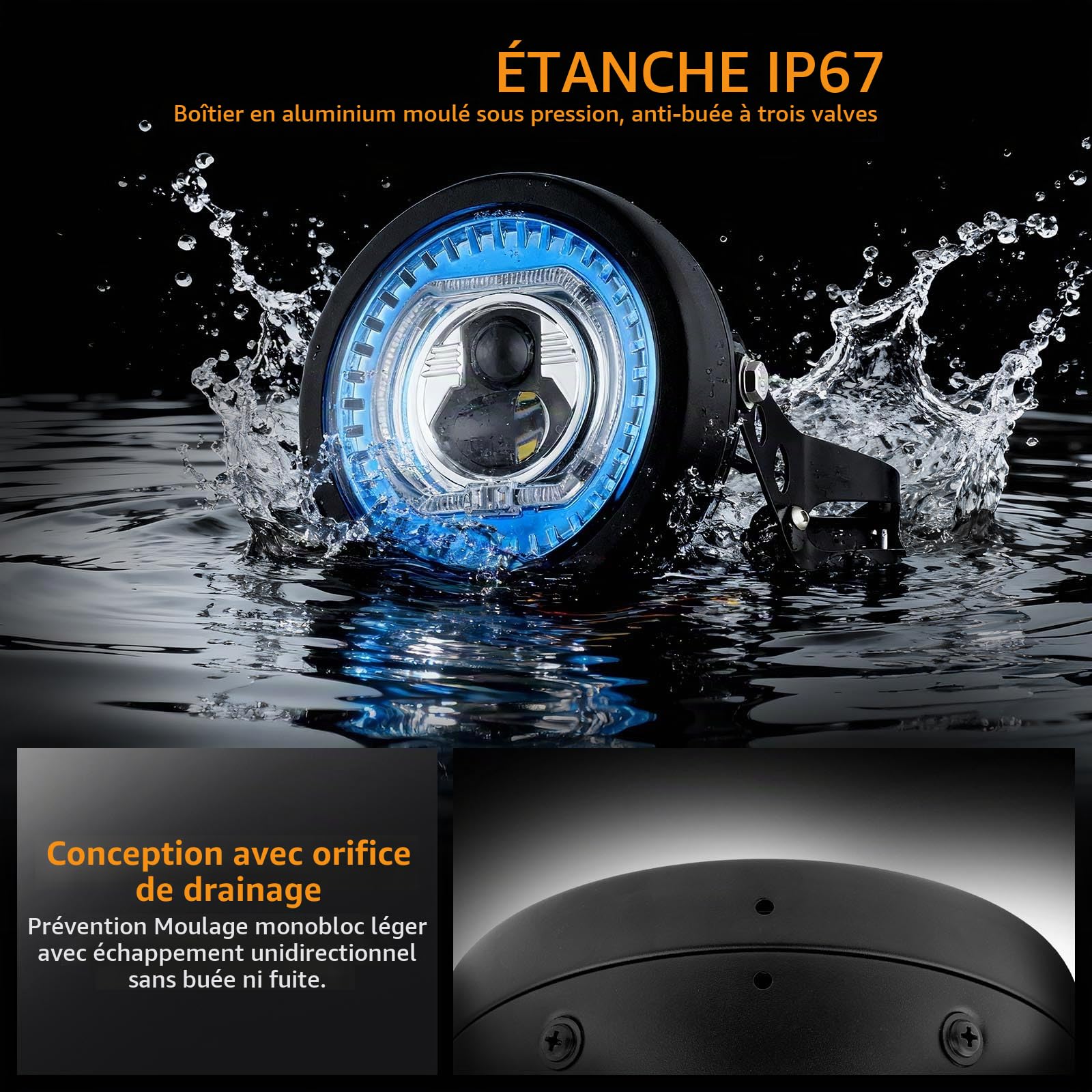 DREAMIZER Phare LED Moto 5,75 Pouces avec Supports, Éclairage Universel et Étanche Compatible avec Harley Yamaha Honda Kawasaki Cafe Racer Bobber Chopper