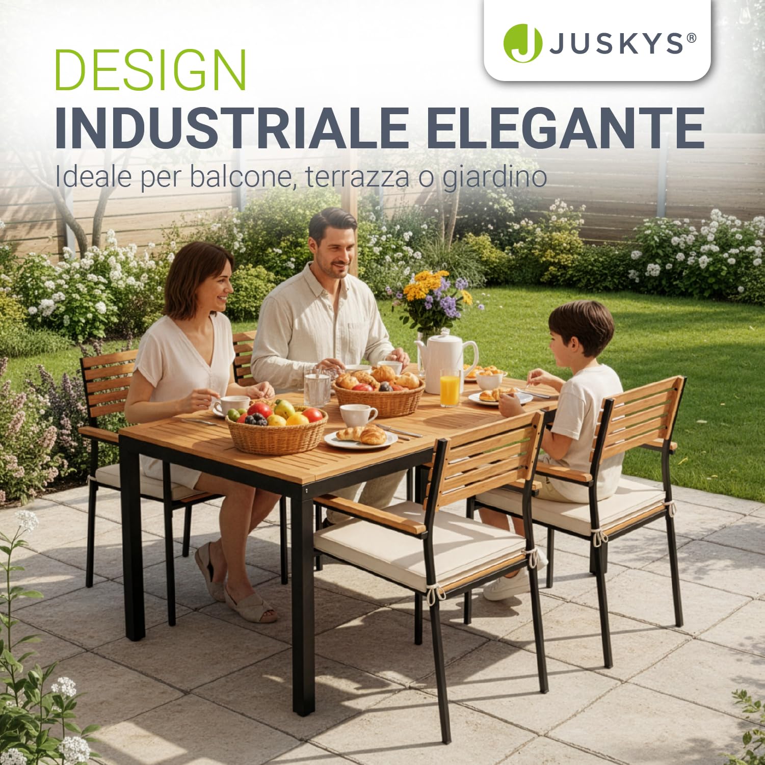 Juskys set di mobili da giardino Rhodos con legno di acacia - Tavolino, 4 sedie e cuscini - Set da cinque pezzi per terrazzo e ambienti esterni - Legno naturale e nero