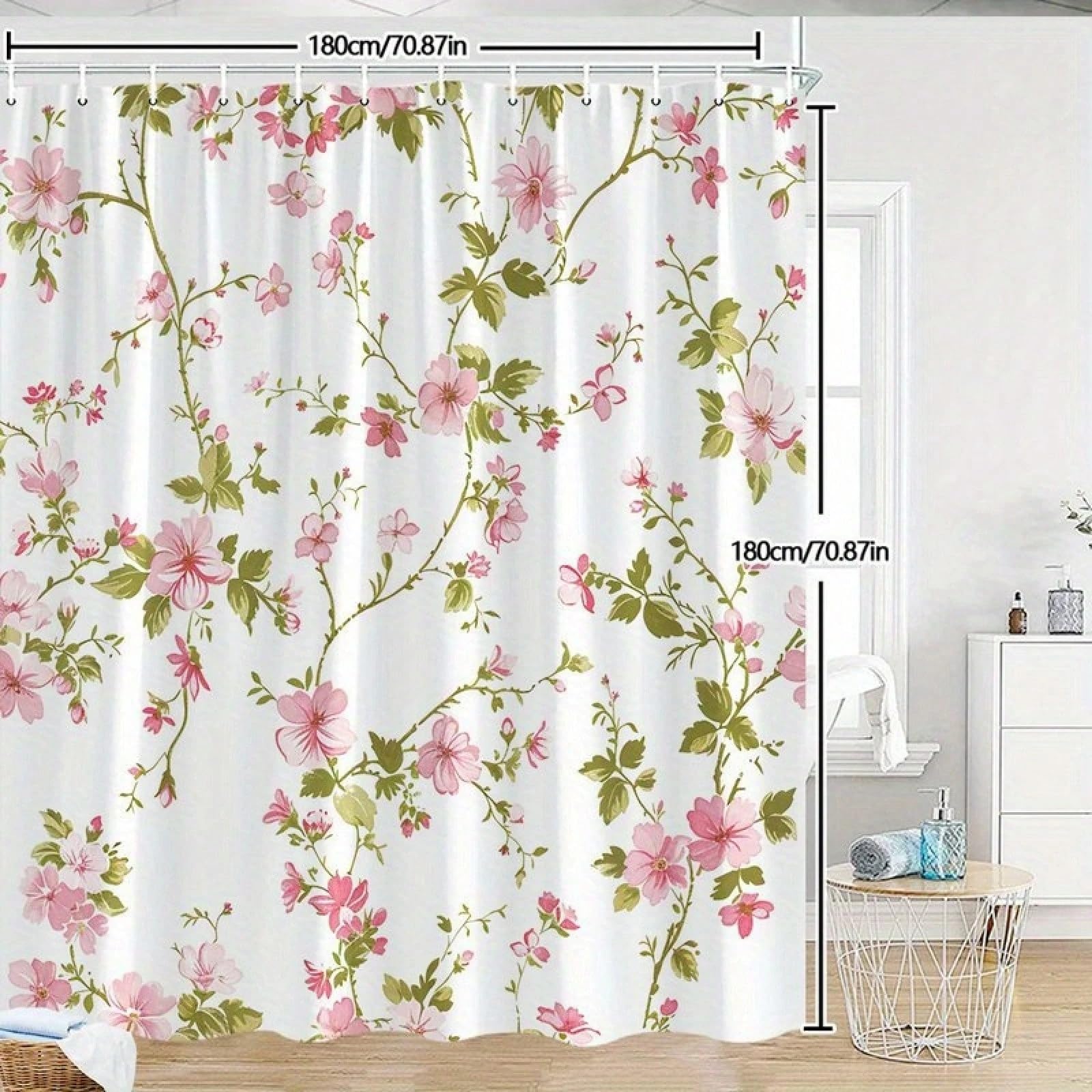 Vintage Duschvorhang mit Pflanzenmotiv, rosa und weißen Blumen kombiniert mit grünen Blättern für Nassräume (240 x 199 cm / 94 x 87 Zoll (B x H))