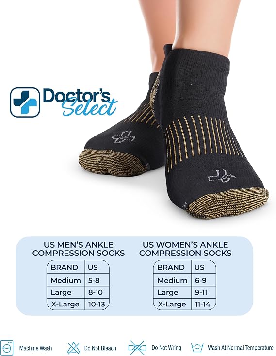 Doctor's Select Copper Ankle Compression Socks for Women and Men - 4 Pairs | Athletic Running Plantar Fasciitis Socks