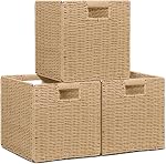 Wicker Storage Baskets for Organizing, 3 Pack Rustic Foldable Square Basket for Shelves, Handwoven Cubby Organizer Bins for Home Decor, Small Cube Storage Bin for Closet Organization, 11 inch