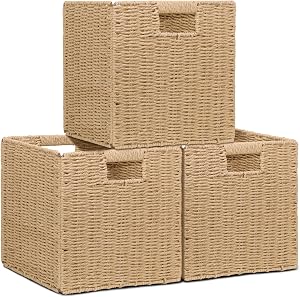 Wicker Storage Baskets for Organizing, 3 Pack Rustic Foldable Square Basket for Shelves, Handwoven Cubby Organizer Bins for Home Decor, Small Cube Storage Bin for Closet Organization, 11 inch