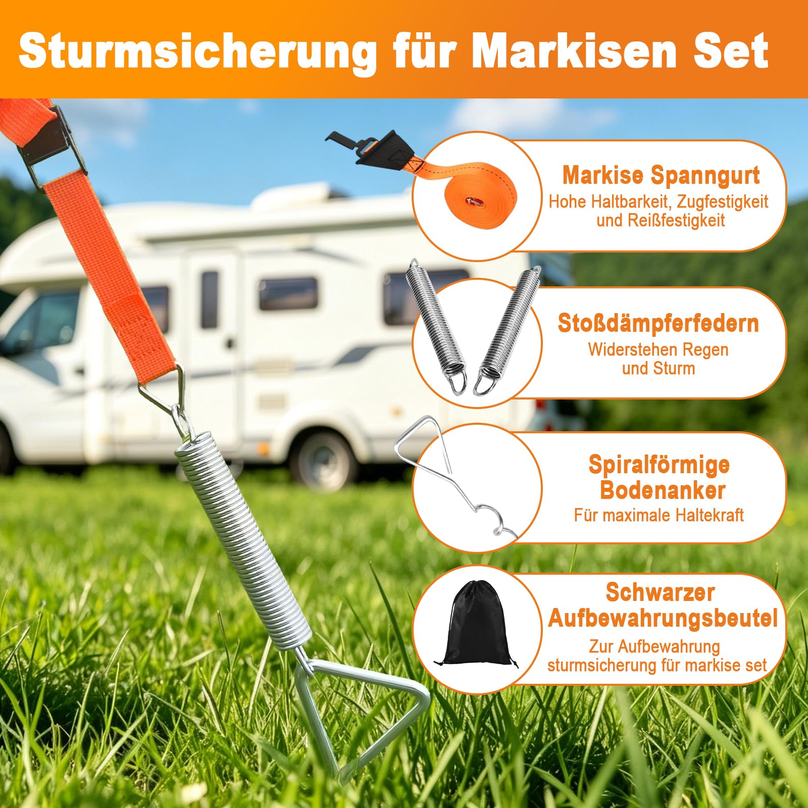 Sangle Anti-Tempête pour Auvents de Camping-Car avec 2 Piquets à Vis, 2 Ressorts et 2 Sangles - Compatible Thule & Fiamma - Accessoire pour Tente, et Accessoires de Camping Car