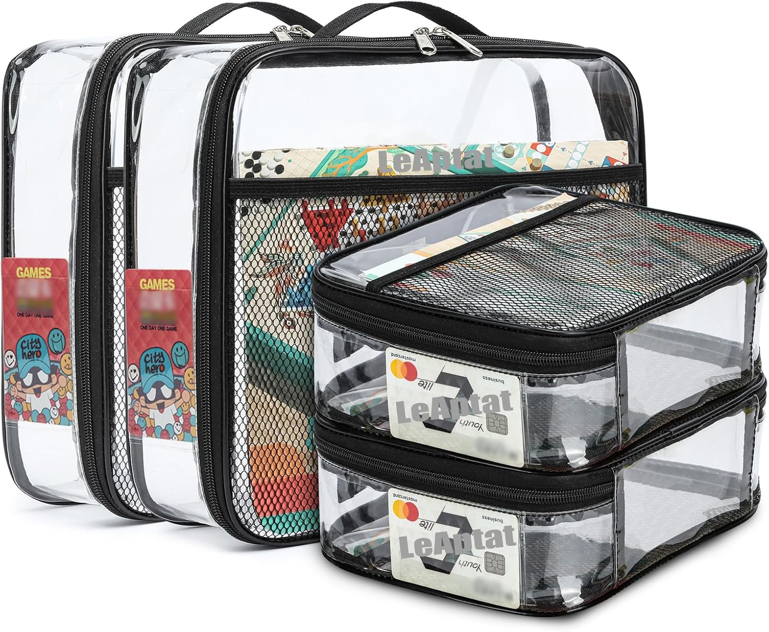 4 Pack Toy Storage Organizer Bags 13.7"L x 2.7"W x 9.7"H | Clear Waterproof Toy Organize for Building Blocks, Puzzles, Board Games | Travel-Friendly with Name Tag & Mesh Pocket (Large, Black)