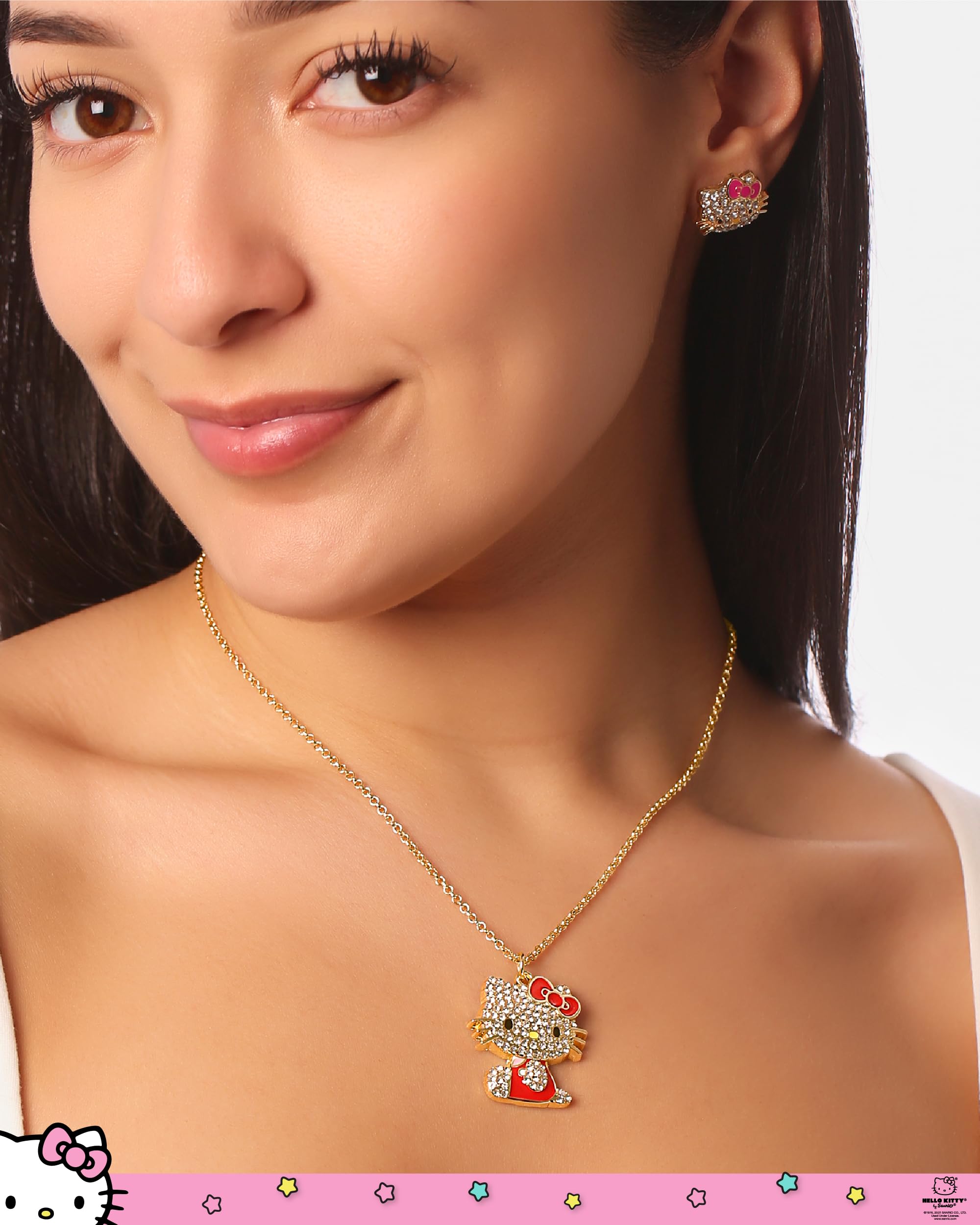 SALLY ROSE Hello Kitty Red Enamel and Pave Crystal Pendant Necklace Official License, Gold-Tone 16+3 Hello Kitty Necklace, Sanrio Gifts