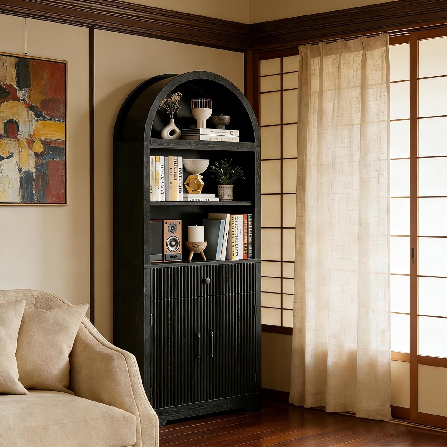 Farmhouse Arched Bookshelf, Mid-Century Modern 5-Tier Curved Cabinet with Door, Wooden Bathroom Storage Cabinet, Kitchen Pantry Cabinet for Living Room, Kitchen，Home Office, Black