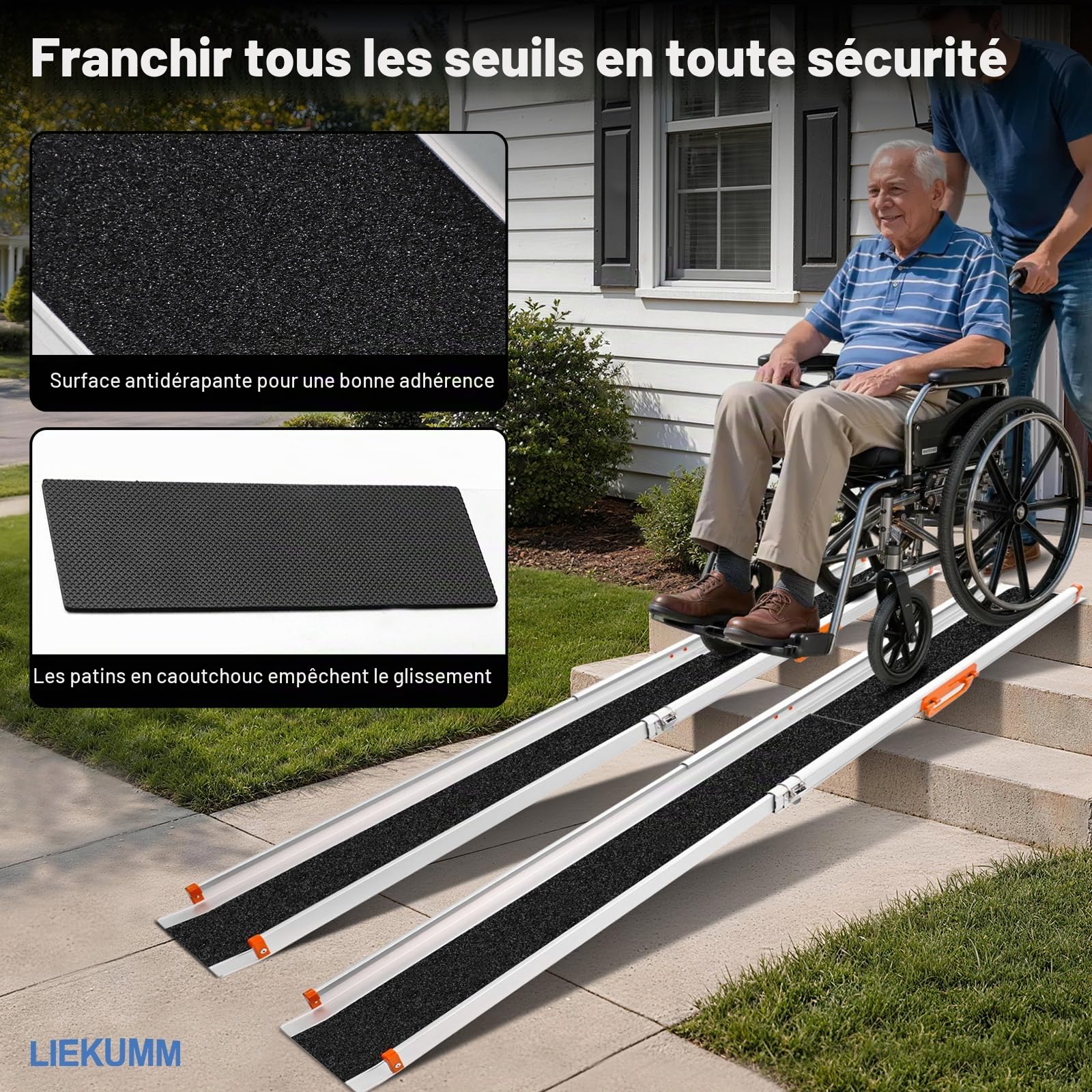 LIEKUMM Rampe de Fauteuil Roulant, 77 à 123 cm pour Fauteuils Roulants, 300 kg Capacité, Rampes Télescopiques pour Fauteuils Roulants, Rampe d'Accès Antidérapante