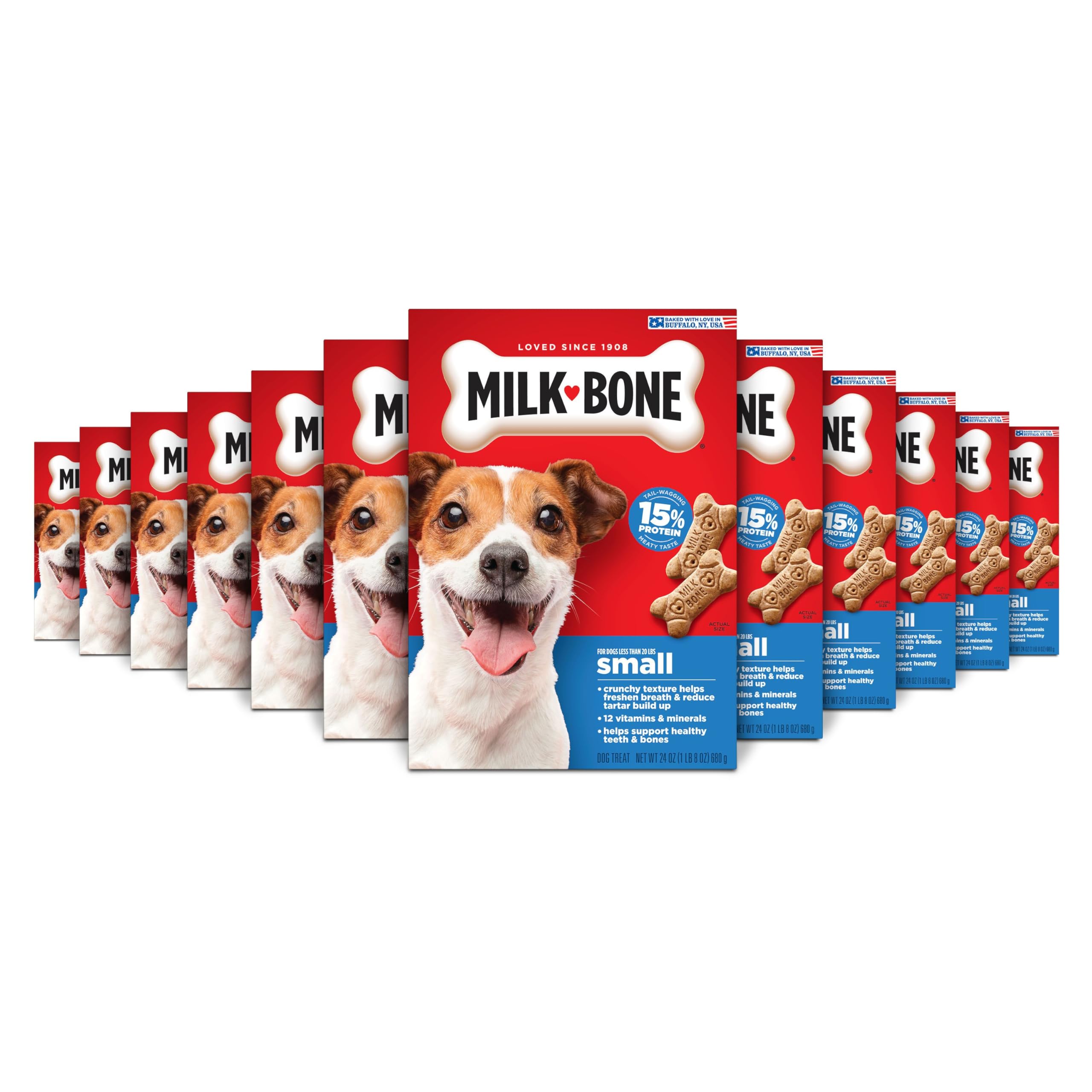 Milk-Bone Original Biscuits Small Dog Treats, 12 Boxes | 24-oz. boxes, Tail-wagging meaty taste, 15% protein, For dogs less than 20 lbs. Small 24 Ounce (Pack of 12)