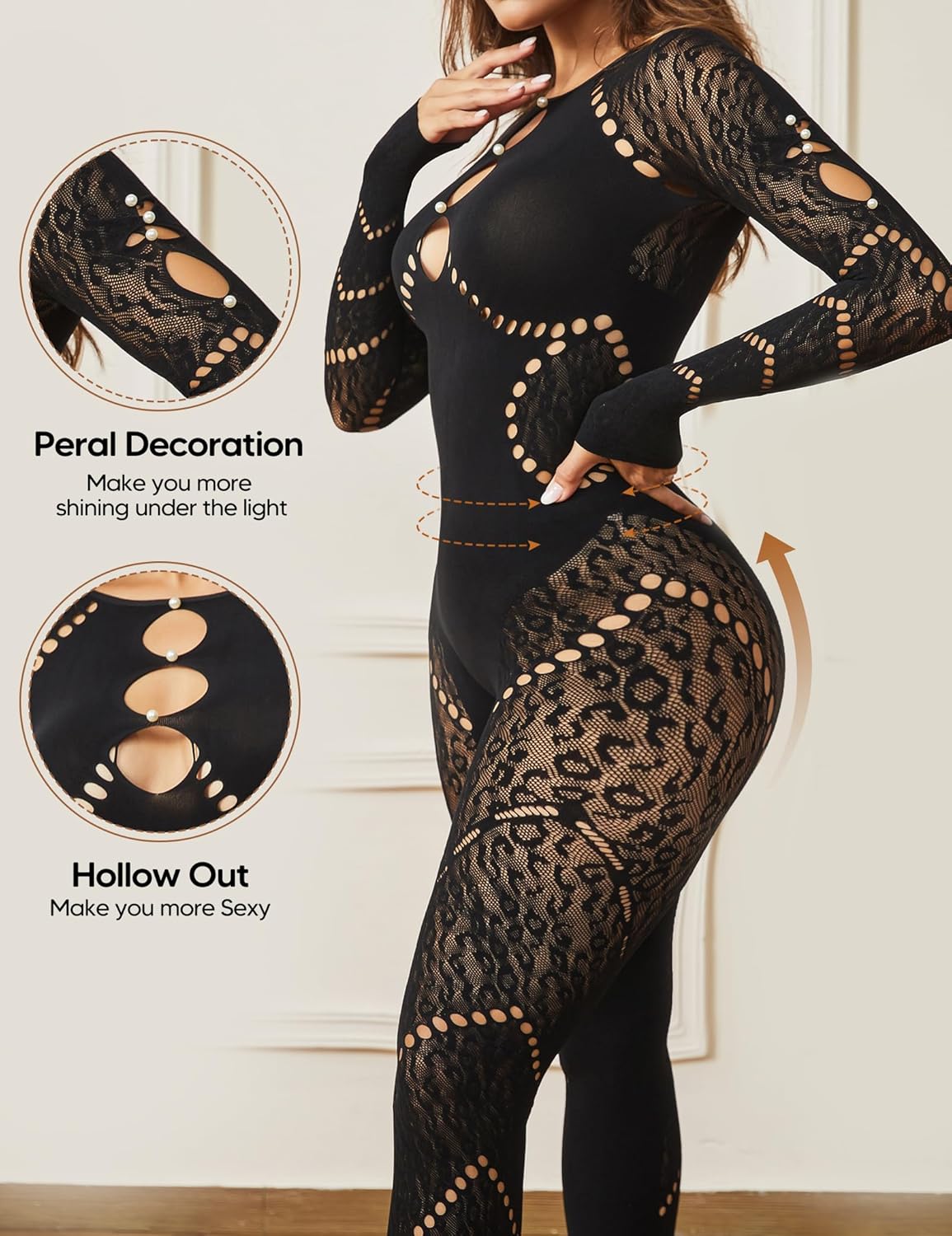Women's Sexy See Through Jumpsuit, Off Shoulder Mesh Long Sleeve Cut Out Jumpsuit, Leopard Print Clubwear - Image 3