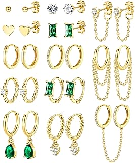 13Pairs Gold Hoop Earrings for Women Girls 14K Gold Silver Plated Huggie Hoop Stud Earrings Set Small CZ Ball Stud Earrings Chain Hoop Earrings Hypoallergenic Dangle Hoop Earrings for Multiple Piercing