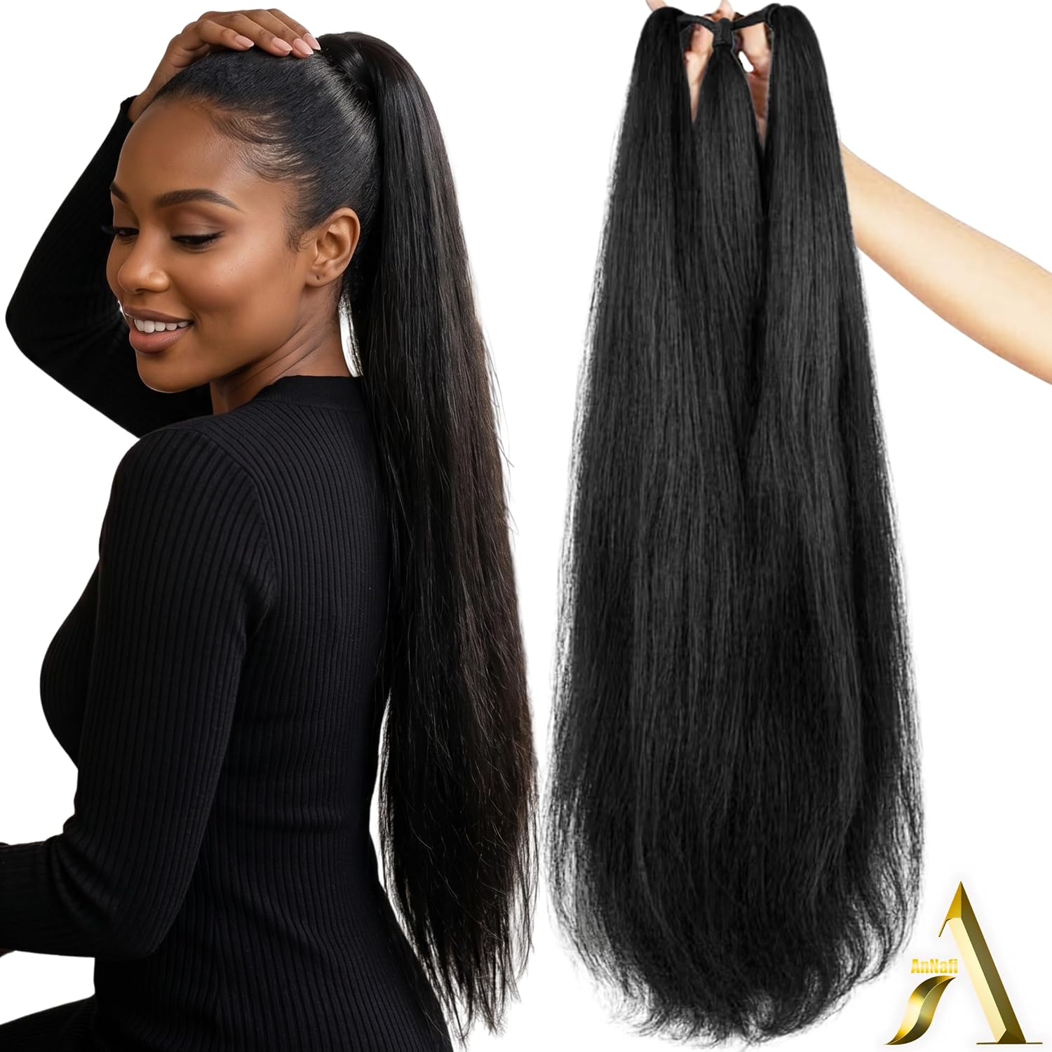 AnNafi® Drawstring Ponytail Extension Synthetic Hair 26 Inch, Long Straight Pony Tail Extensions Wrap Around Parandi Choti Hair Black Punjabi Women, Artificial Juda Kuchulu Gantalu Hairpiece Natural