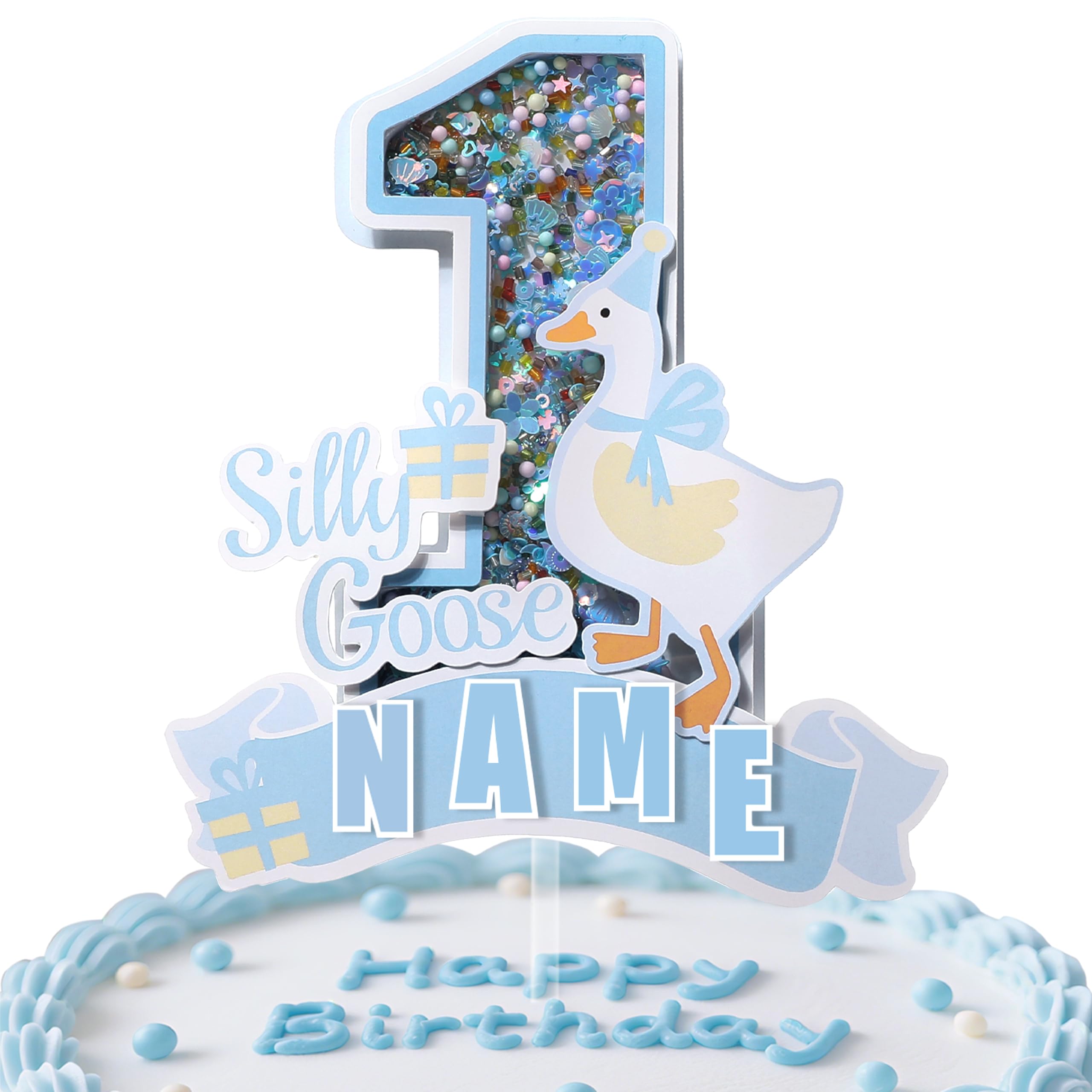 Coucoland Personalized 1st Birthday Cake Topper - Silly Goose & Number 1 3D Glitter with DIY Custom Decor for Party Supplies