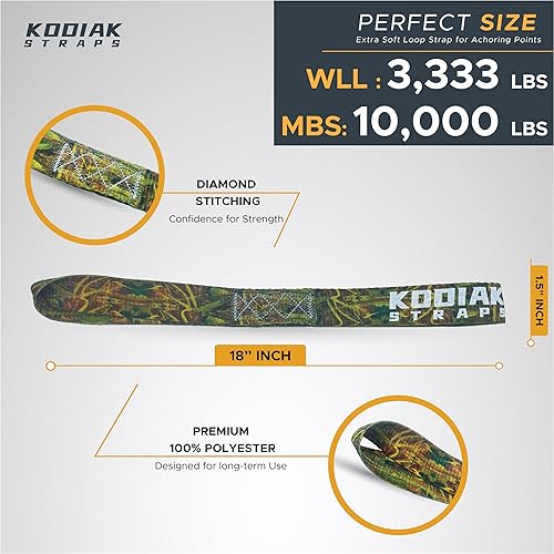 Miniatura 3 de Correas de amarre de bucle suave, 1.5 x 18 pulgadas, capacidad de carga de 10,000 libras, paquete de 6 bucles de camuflaje para asegurar ATV, UTV,