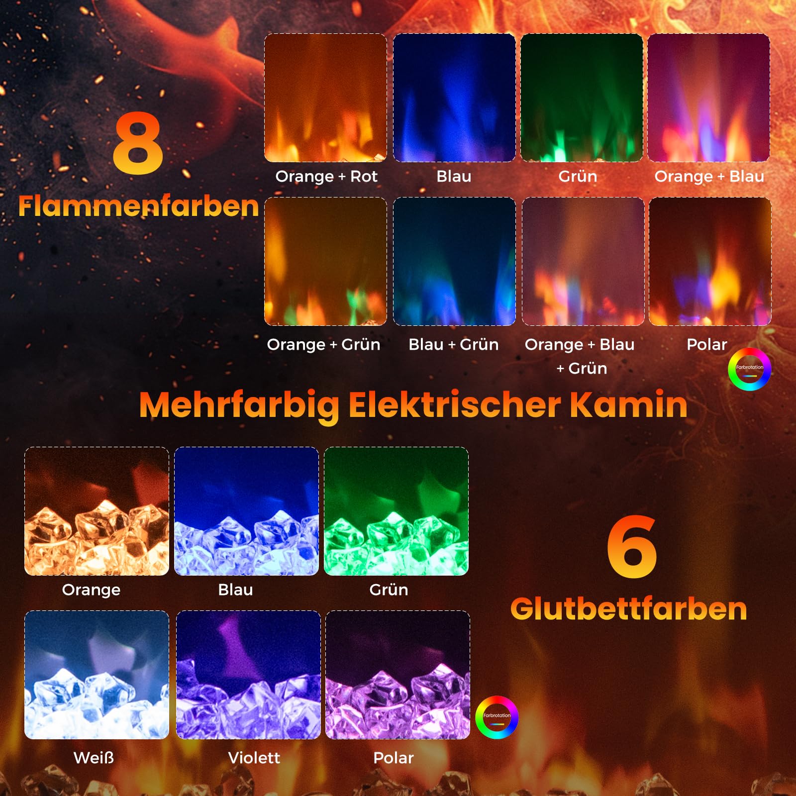 RELAX4LIFE 26" Elektrokamin mit heizung, schwebender Kamin mit LED-Ambientelicht & 3D-Flammeneffekt & Kristall-Glutbett, Deko Wandkamin mit Fernbedienung, 1500 W, 8 Flammenfarben, 9H-Timer, 17℃-32℃