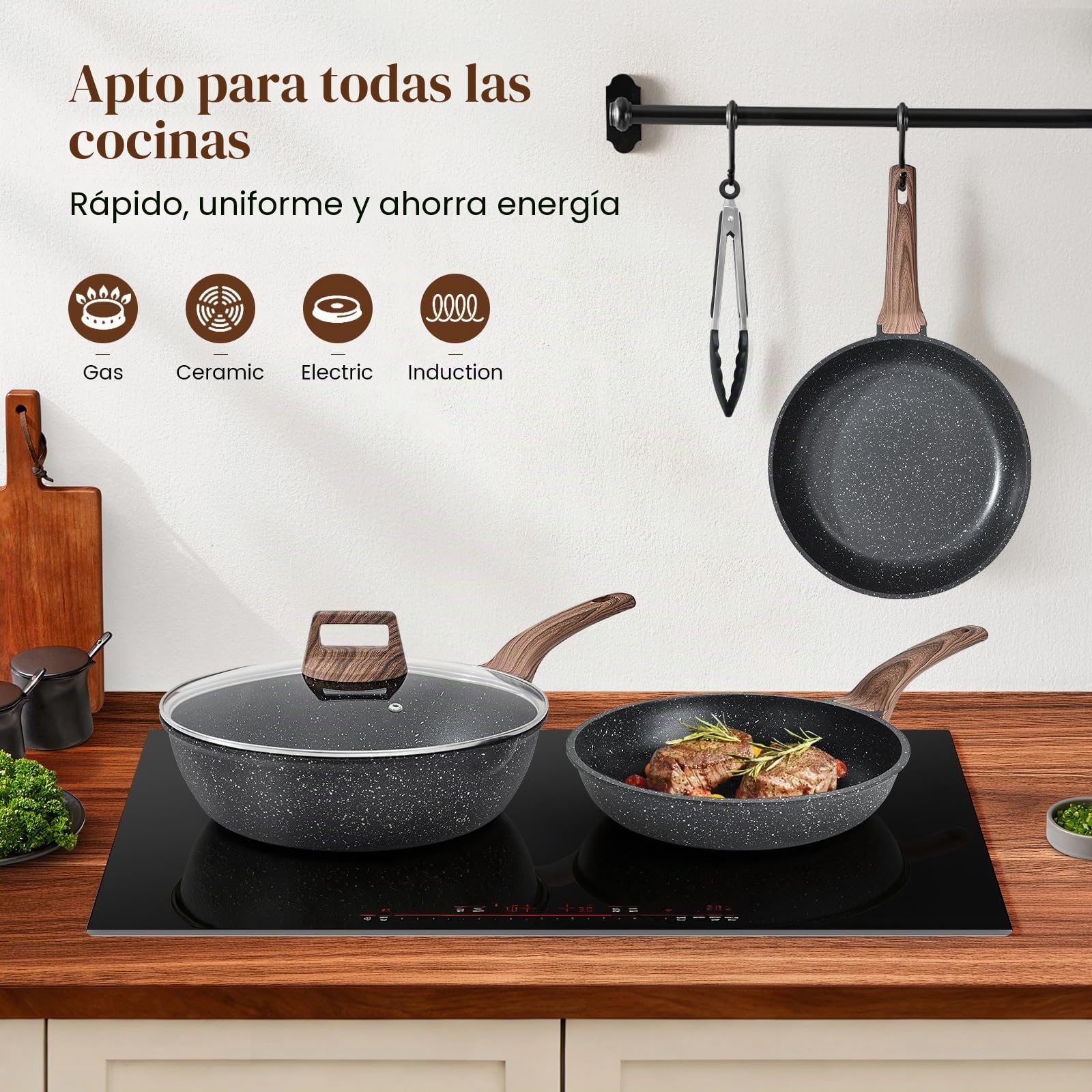 Terlulu Juego de ollas y sartenes de inducción – Juego de 13 sartenes antiadherentes, juego de utensilios de cocina de granito negro con tapa, juego de cacerolas antiadherentes, juego de sartenes,