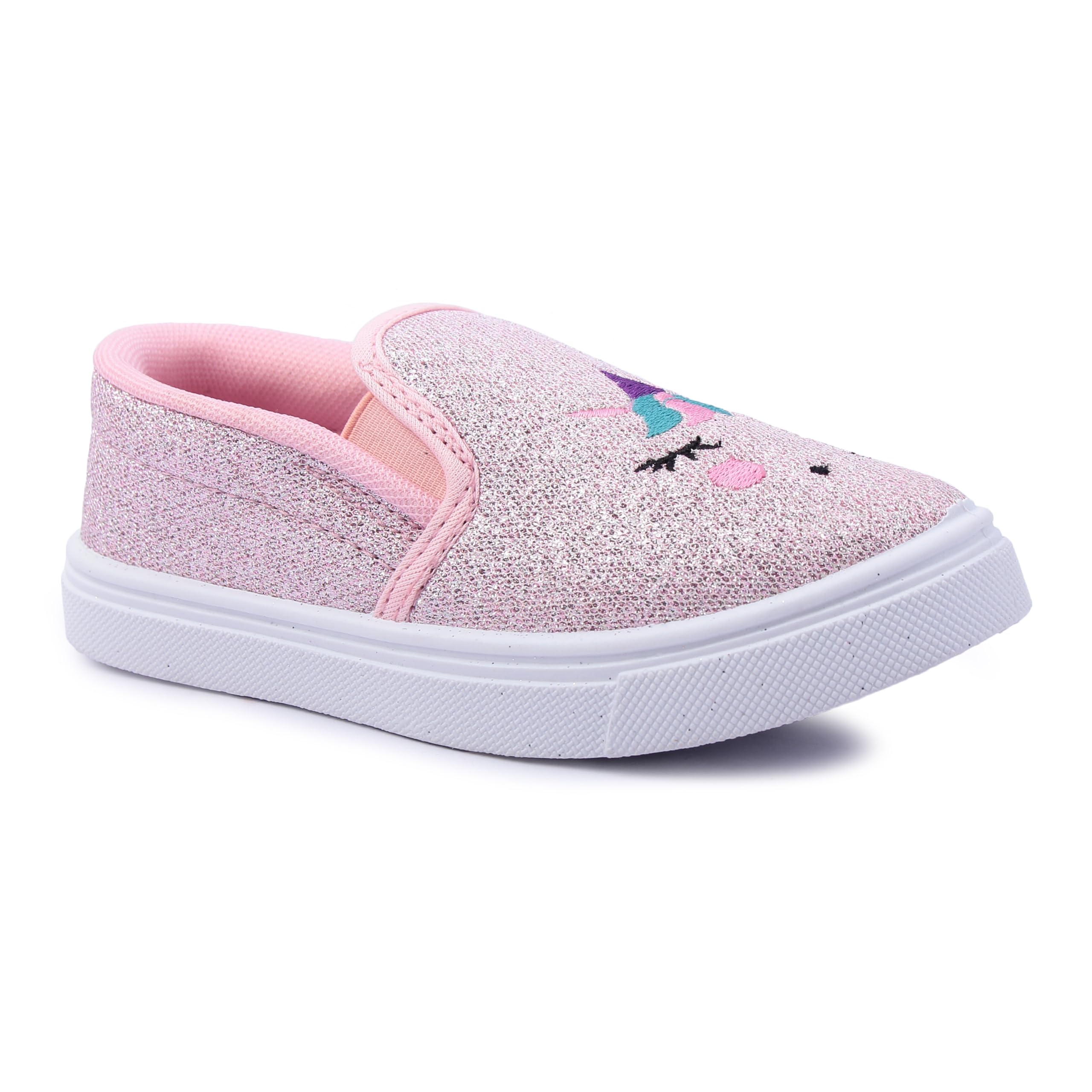Myau Girls' Glitter Embroidery Design Slip-On Shoes, Casual Sneakers for 3-8 Years (Pink, UK Footwear Size System, Little Kid, Women, Numeric, Medium, 10) 1