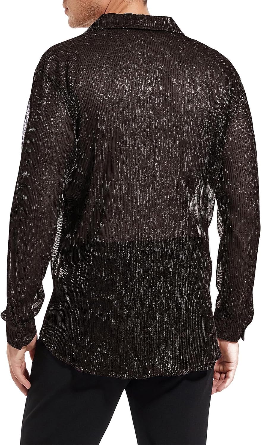 Mens Sliver Sheer Mesh Disco Shirt Metallic Outfits Sequin Long Sleeves Glitter Top Casual Club Chucky Party Shirts - Image 6