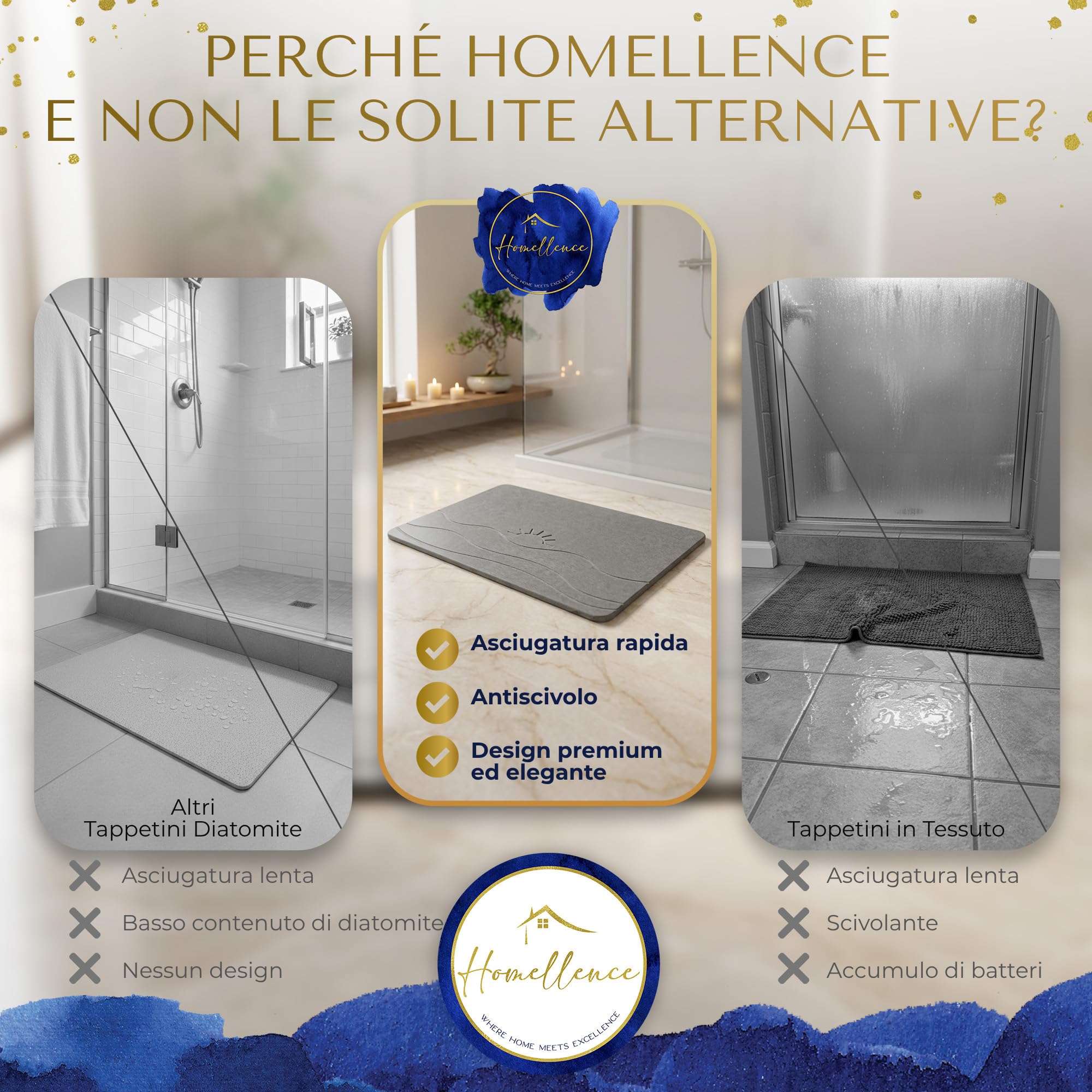 Homellence Tappeto Bagno Diatomite - Tappetino Doccia Pietra 60x39 cm | Tappeto Bagno - Tappetino Pietra Asciugatura Rapida Assorbente Antiscivolo Antibatterico - Stone Bath Mat (Solaris Aura)
