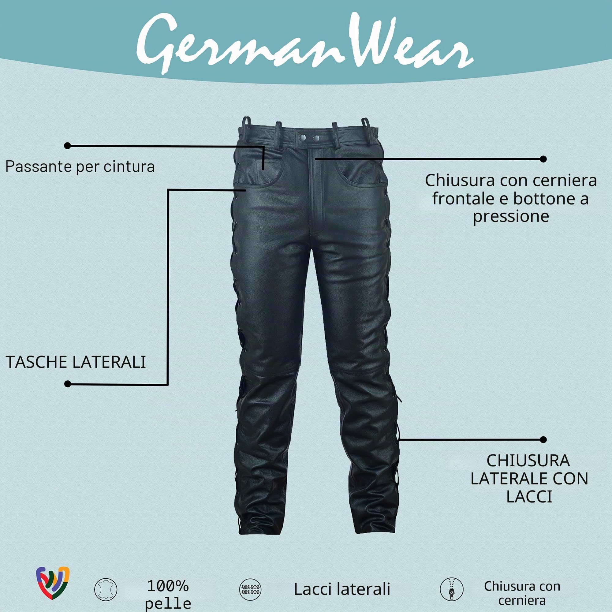 German Wear - Pantaloni da Moto in Pelle con Lateralmente Lato Lacci