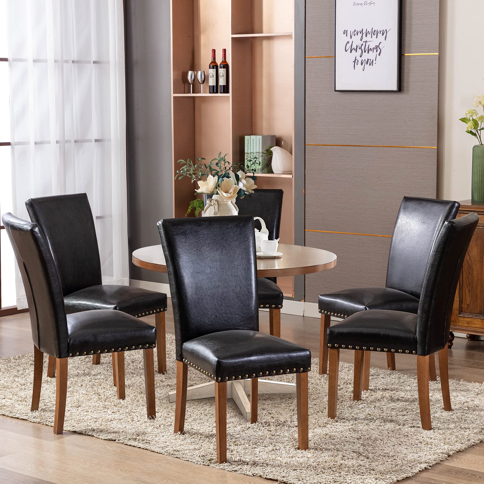 COLAMY Upholstered Parsons Dining Chairs Set of 6, PU Leather Dining Room Kitchen Side Chair with Nailhead Trim and Wood Legs - Black
