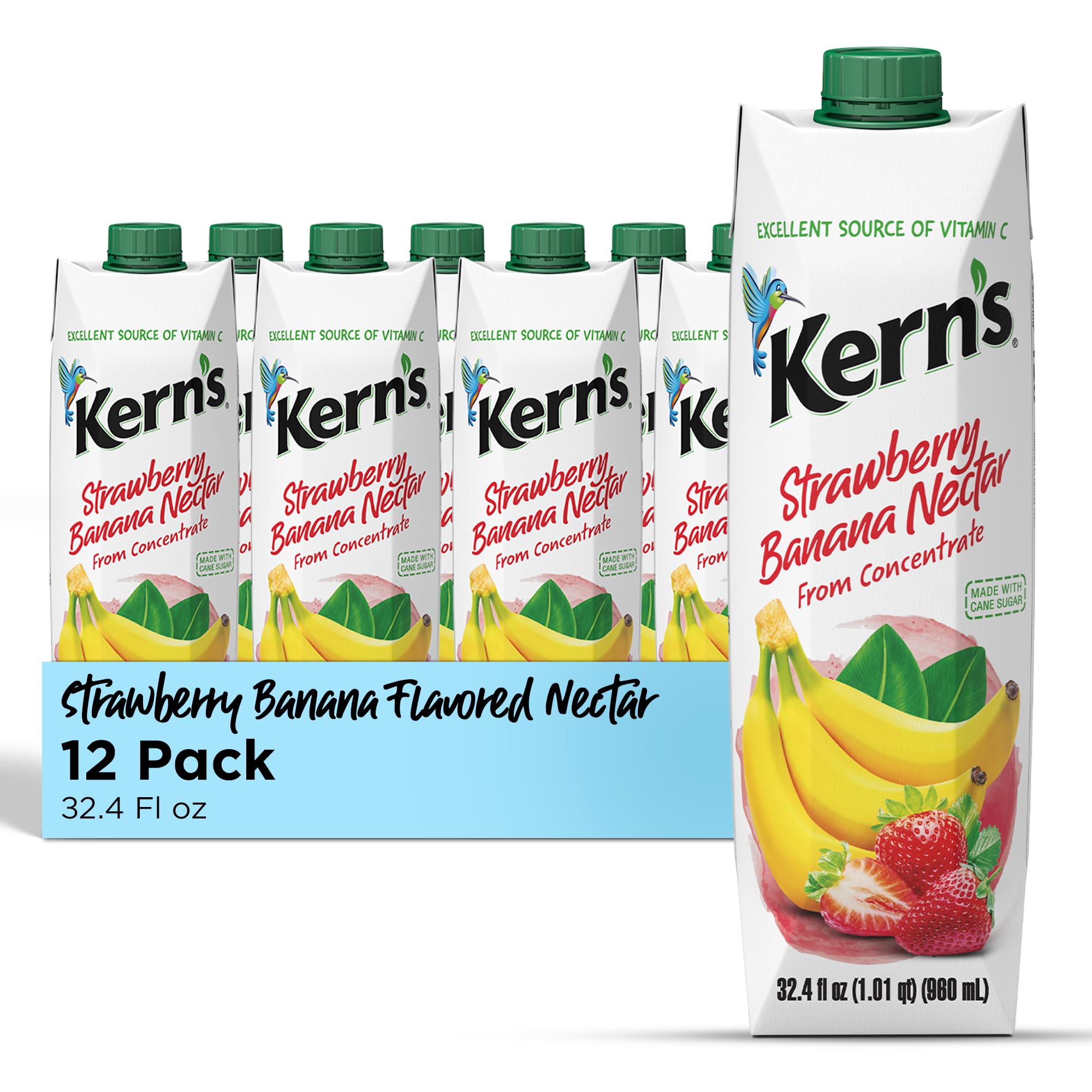 Kern’s Strawberry Banana Nectar Juice - Made with Fresh Fruit Puree - Tropical Fruit Juice Concentrate for Smoothie Mix, Cocktail Mixers, Kids Drinks & Mexican Beverages - 32.4oz, 12 Pack Carton