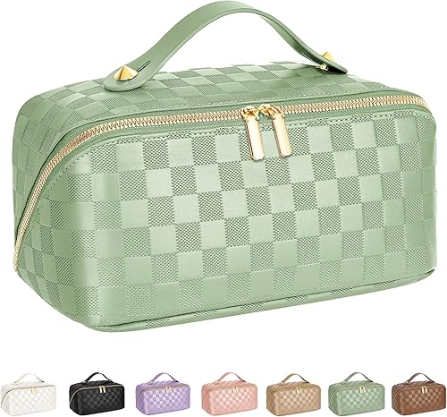 Miniatura 8 de Bolsa de cosméticos de gran capacidad para viajes - Bolsa portátil de maquillaje para mujeres, organizador de piel sintética impermeable con