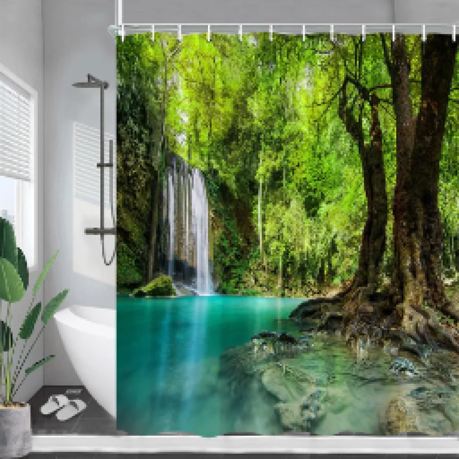 Rideau de douche imprimé paysage de forêt et arbres verts avec crochets inclus