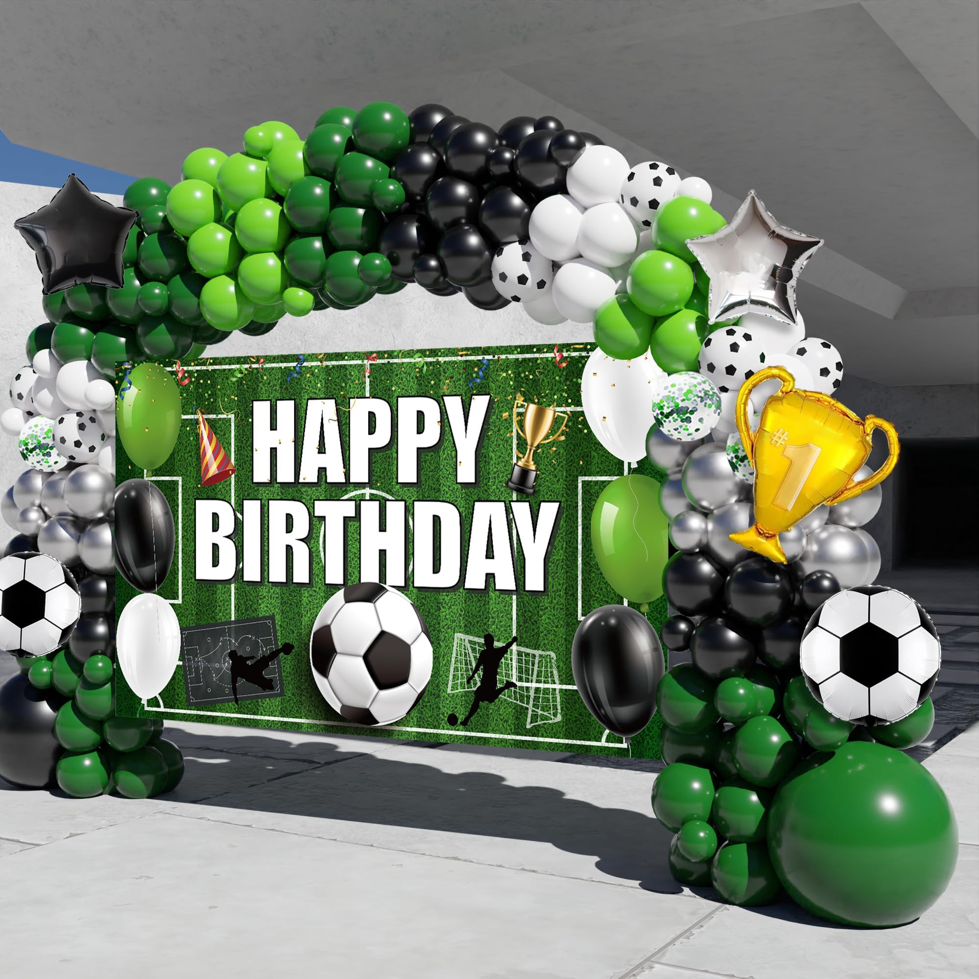 Soccer Party Decorations, 158PCS Soccer Birthday Balloon Garland Arch kit with Large Happy Birthday Backdrop Banner