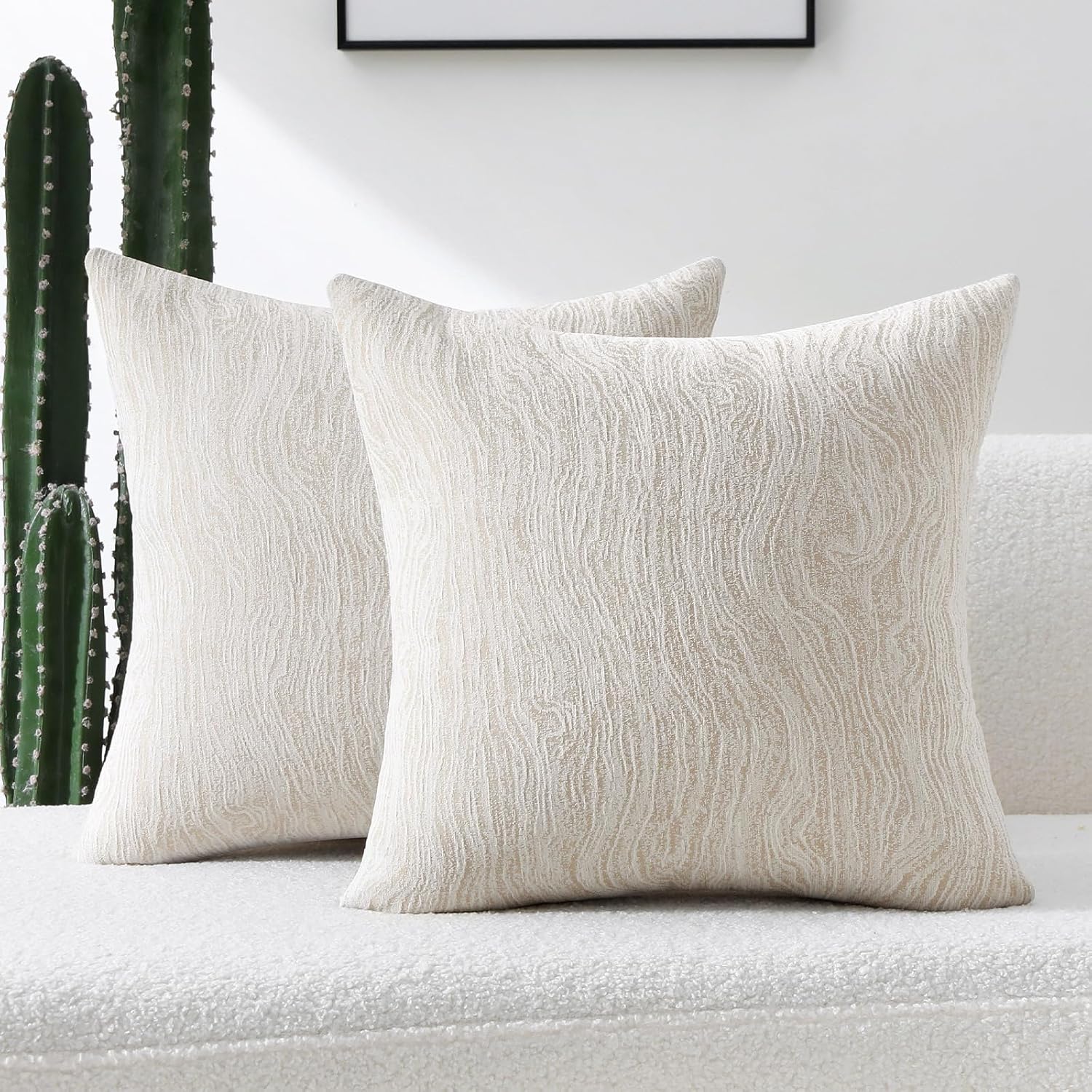 FUTEI Cream Decorative Throw Pillow Covers 18x18 Inch Set of 2,Soft Chenille Jacquard Geometric Pattern Cushion Case,Modern Home Decor for Couch Bed Living Room Cream 18" x 18" (Pack of 2)