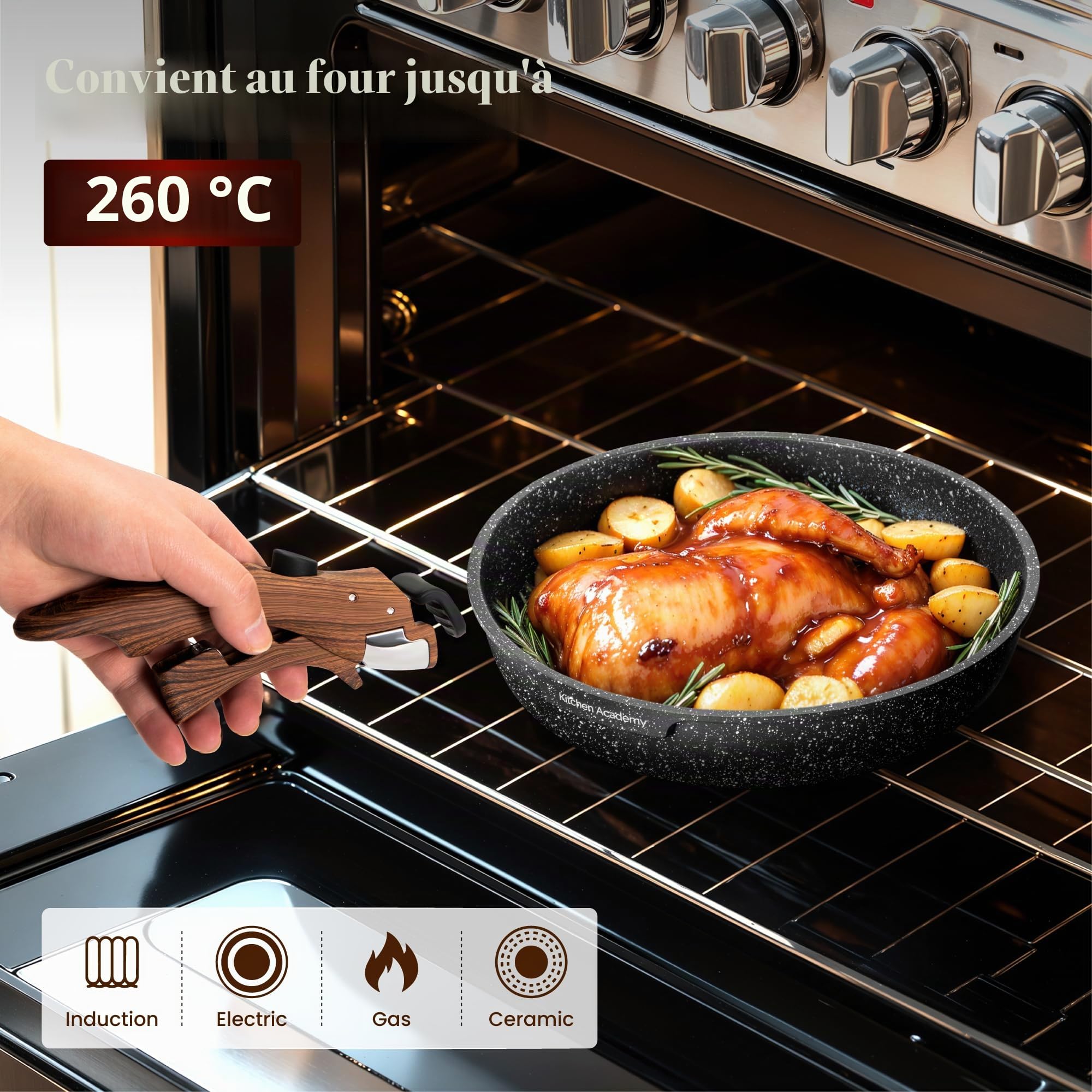 Kitchen Academy Set de Cuisine 10 PCS, Poêles Casseroles à Poignée Amovible | Batterie de Cuisine Tout Feux, Revêtement Antiadhésif en Granit Empilables Convient aux Camping-Cars et au Camping