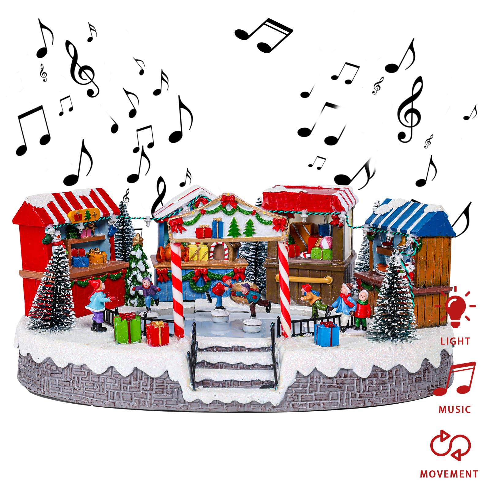MUMTOP Patinoire de village de Noël avec patineurs mobiles, patinage sur glace animé lumineux et magasin de jouets avec musique pour décoration de table de Noël en intérieur