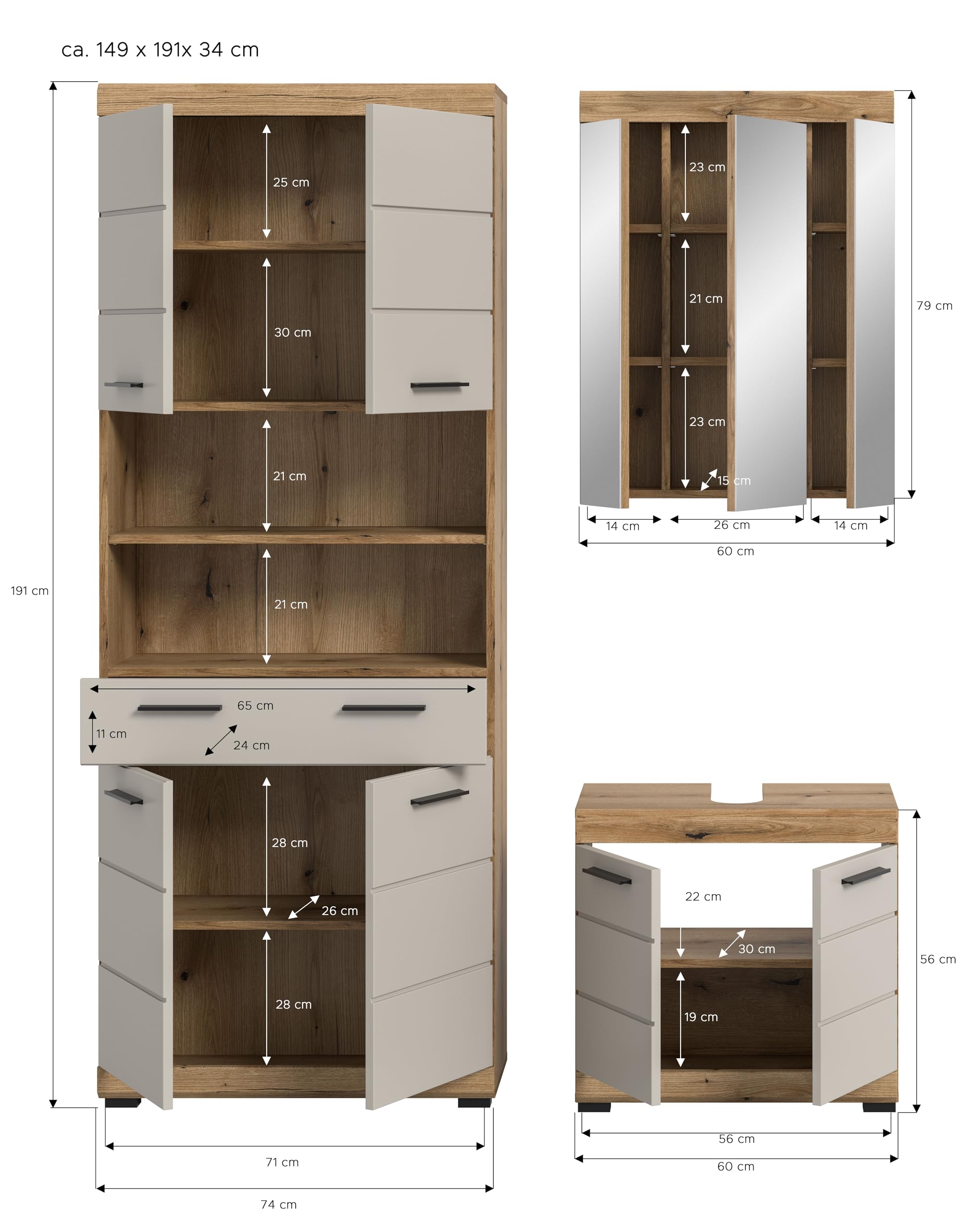 xonox.home – Badkombination Scout 149x191x34 cm in Evoak Oak und Kaschmir Nachbildung matt – Elegantes Set mit natürlichem Holz-Look – geradlinig – Bild 4