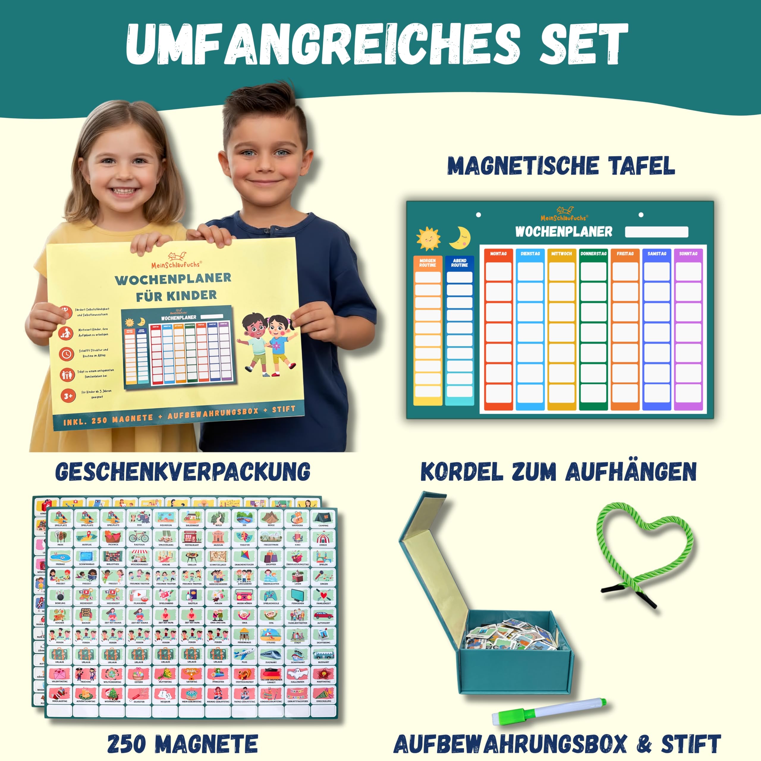 Montessori, agenda settimanale per bambini, lavagna magnetica con 250 magneti, scatola portaoggetti, cordoncino e penna, scrivibile e lavabile, agenda di routine per bambini (verde)