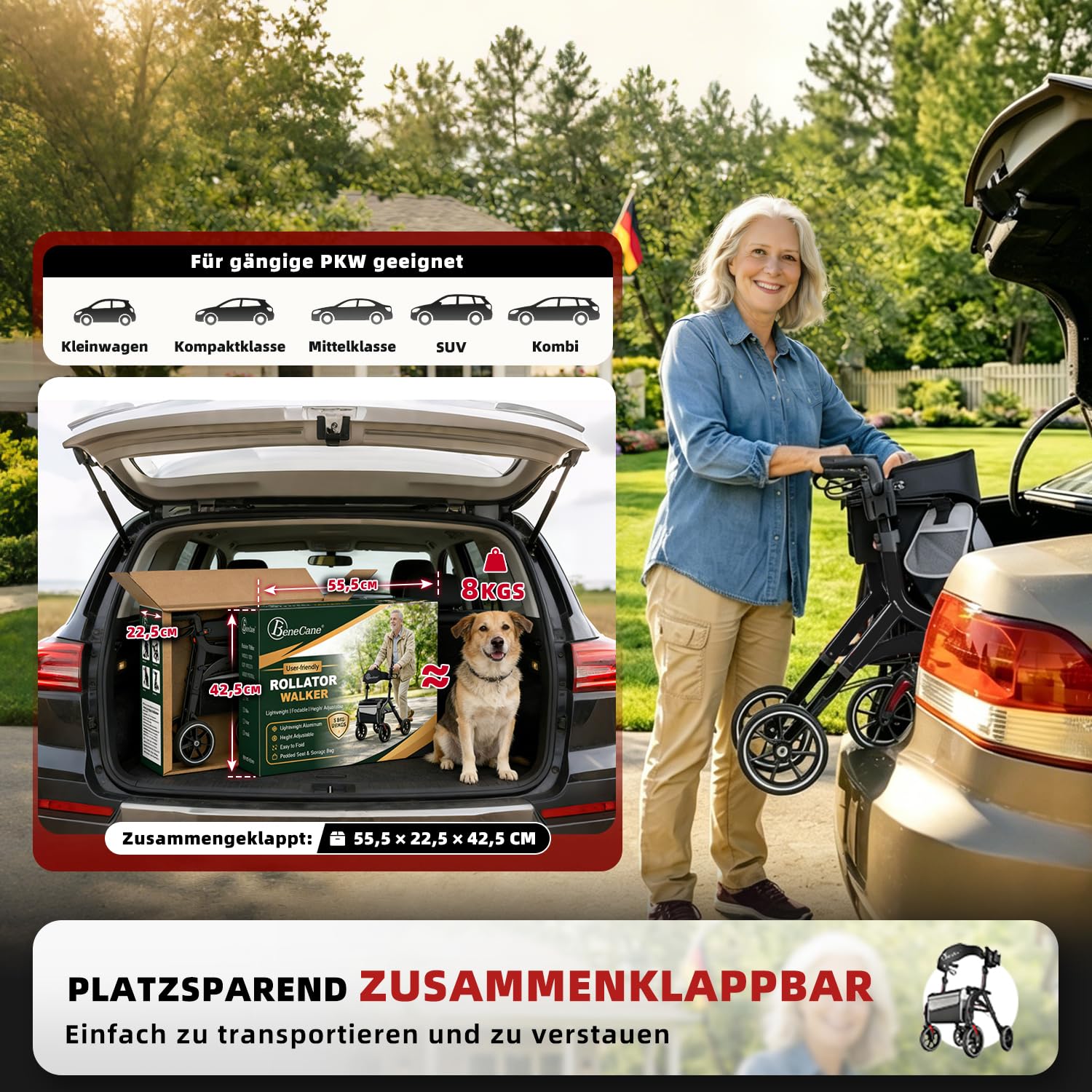 BeneCane Andador Plegable y Ligero Outdoor como Ayuda para Caminar y Levantarse, Andador de Viaje Regulable en Altura con Asiento, para Personas Mayores con Bolsa y Correa para la Espalda