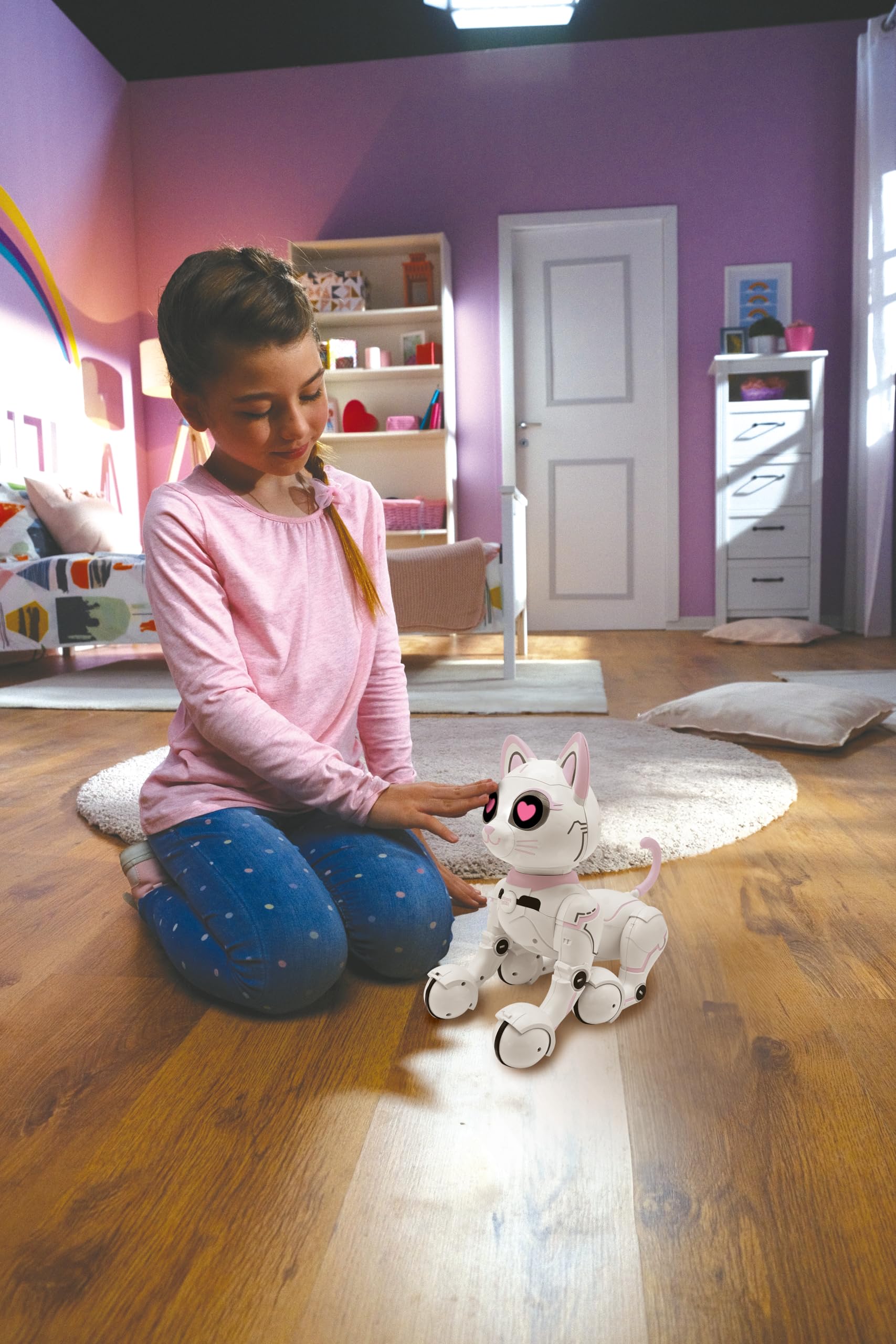 Lexibook - Power Kitty® - Gatto Robot telecomandato, Robot Intelligente programmabile, Luce, Suono, Bianco/Rosa - KITTY01LXB