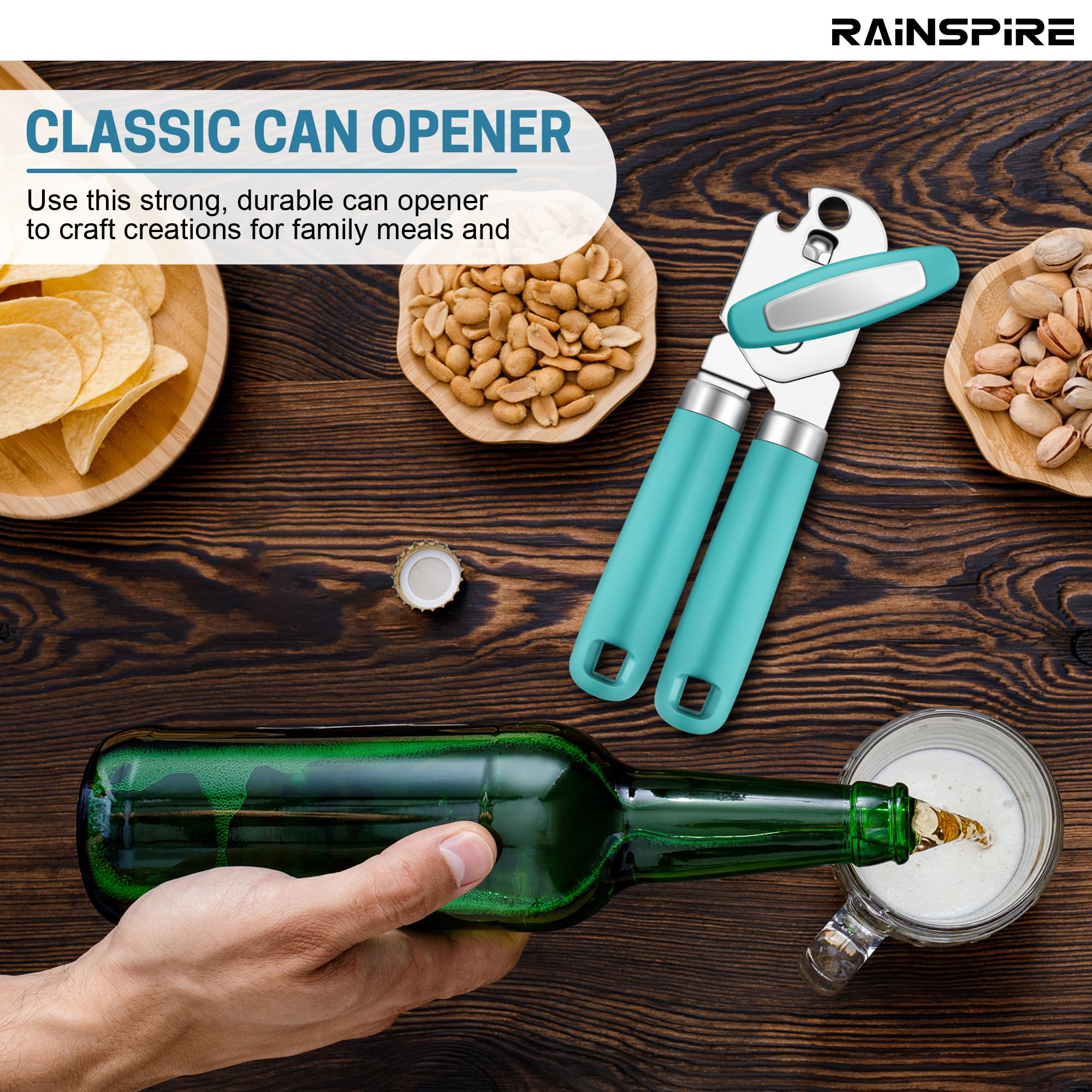 Rainspire Abrelatas manual de mano fuerte abrelatas manual de corte de borde suave, abrelatas resistente, mango suave cómodo, abridor de botellas integrado, turquesa
