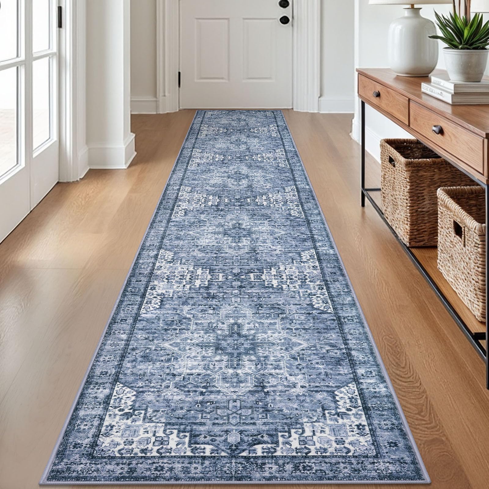 SIILOOM 2x12 Washable Rug for Entrance, Blue Soft Printed Area Rug, Slip-Resistant Kitchen Rugs, Low-Pile Medallion Indoor Door Mat, Small Farmhouse