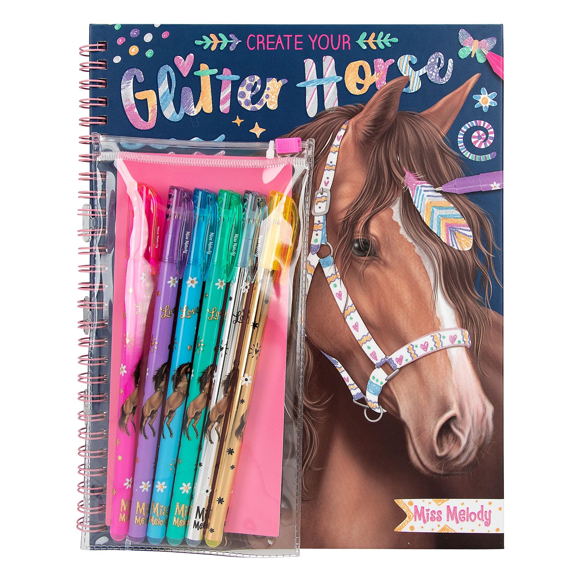 Depesche 12931 Miss Melody Create your Glitter Horses - Malbuch mit 30 Seiten zum Gestalten von Pferde-Motiven, inkl. 6 glitzernden Gelstiften