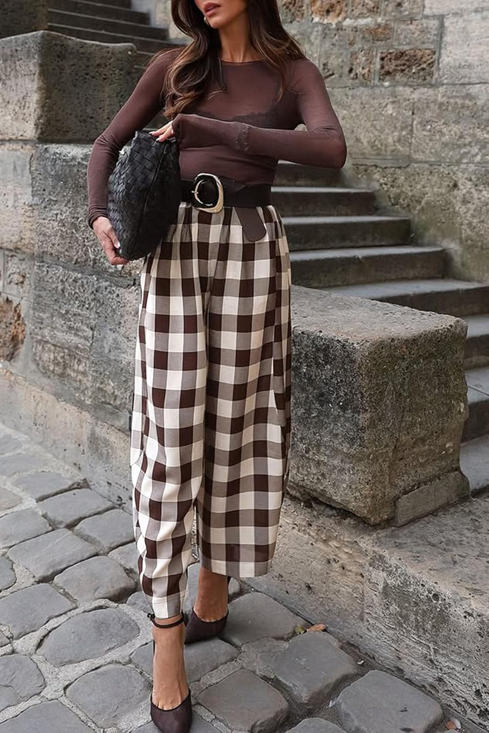 Cicy Bell Womens Wide Leg Plaid Pants Checkered Business Casual Trousers High Wiasted Baggy Palazzo Pants - Image 3