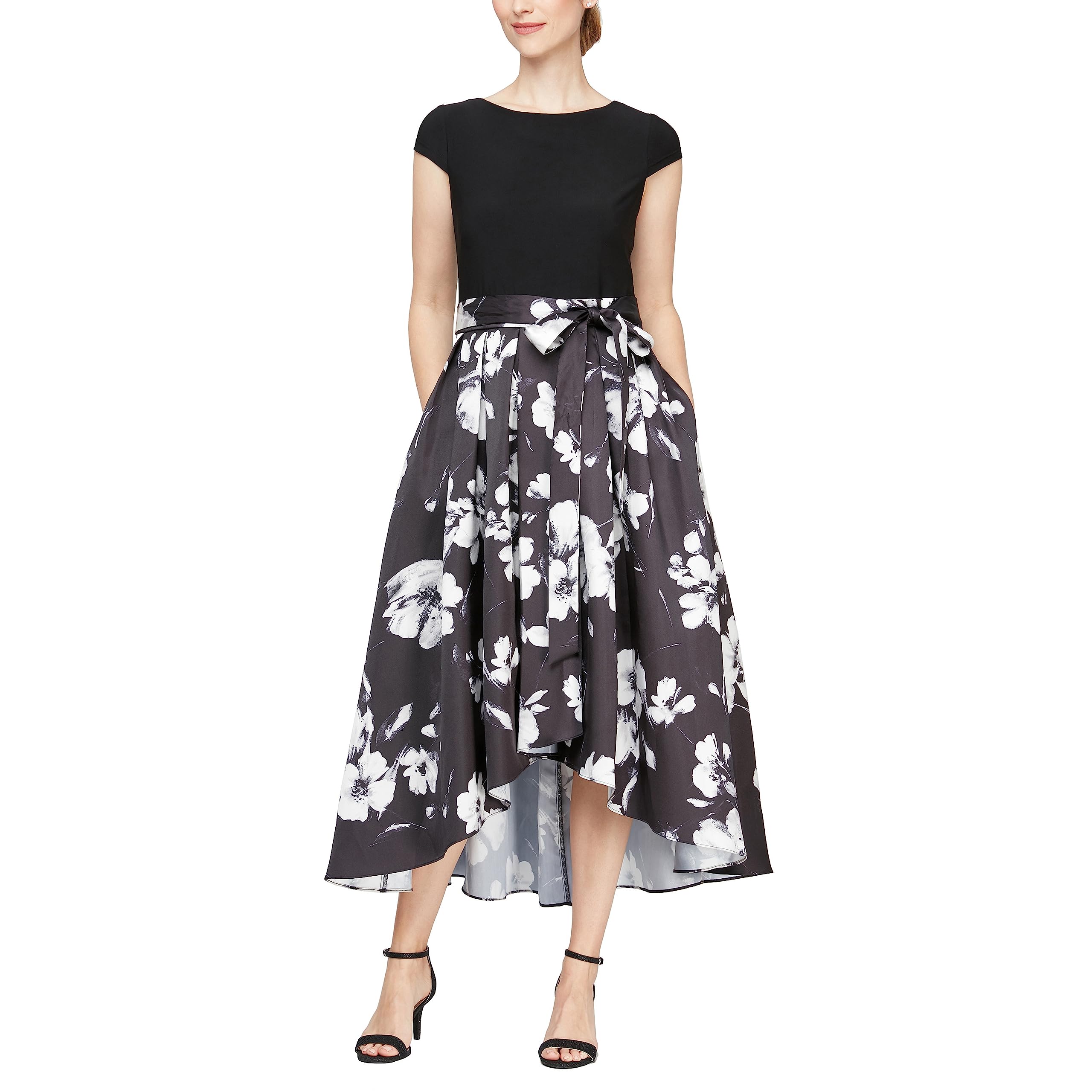 S L Fashions Womens Floral High-Low Gown with Pockets and Stretch Bodice Wedding Guest Dress Petite and Regular