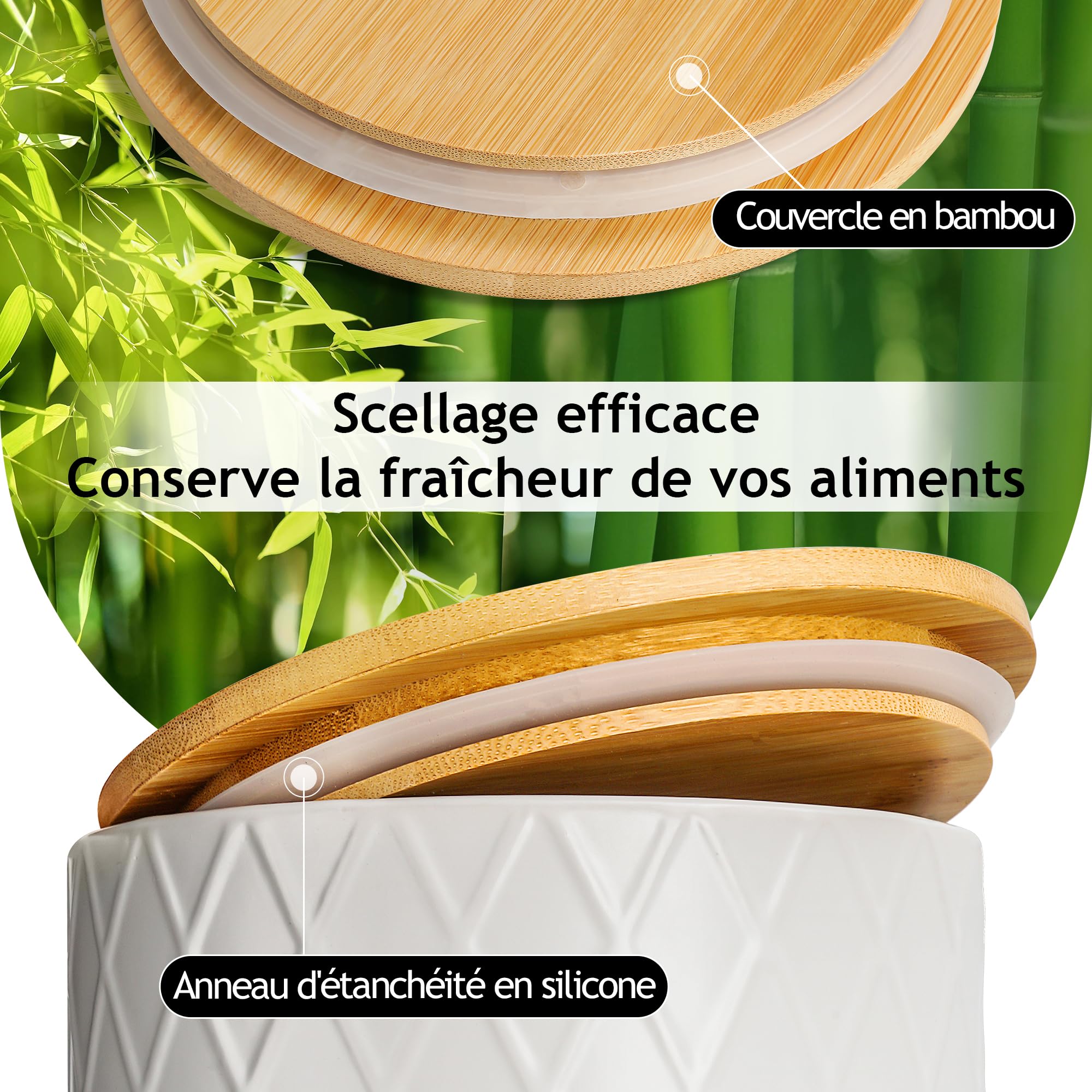 MIAMIO - Set 3 boîtes de conservation céramique - Palmanova (Blanc) | Boîtes en céramique avec couvercles en bois hermétiques pour café, thé, sucre, farine et sel