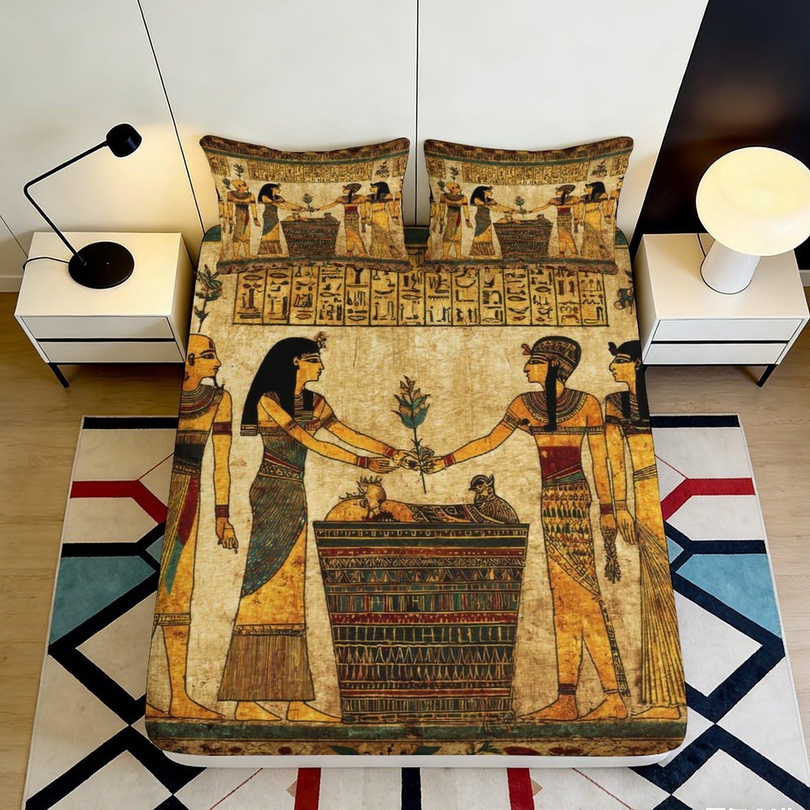 3D Printed Egyptian Goddess Fitted Sheet Microfiber Soft Breathable Pharaoh Art Mattress Cover for Bedroom Dorm Decor 90x200x25cm