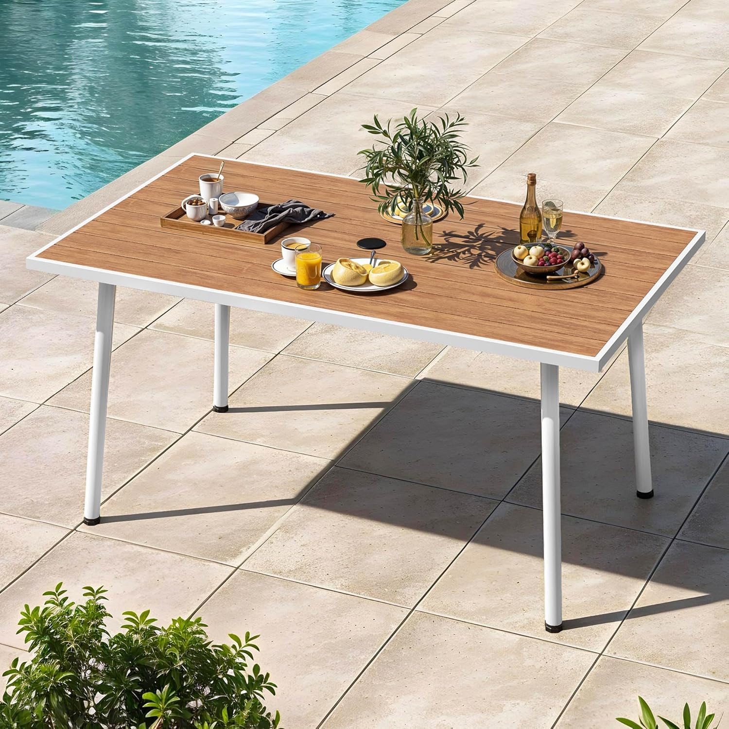 DWVO Outdoor Patio Dining Table Rectangular for 6, PE Rattan and Wood Finish Patio Table 59.1" L with Umbrella Hole, Steel Frame, Adjustable Legs, Weather-Resistant Garden Table