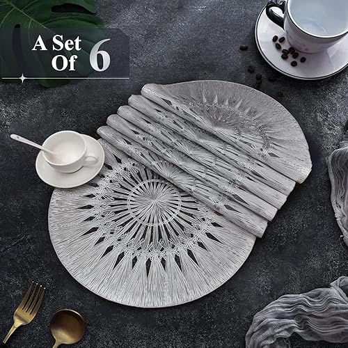 Miniatura 5 de WIGER Juego de 6 manteles individuales redondos plateados con diseño floral, lavables y lavables, metálicos, de vinilo prensado, para fiestas de